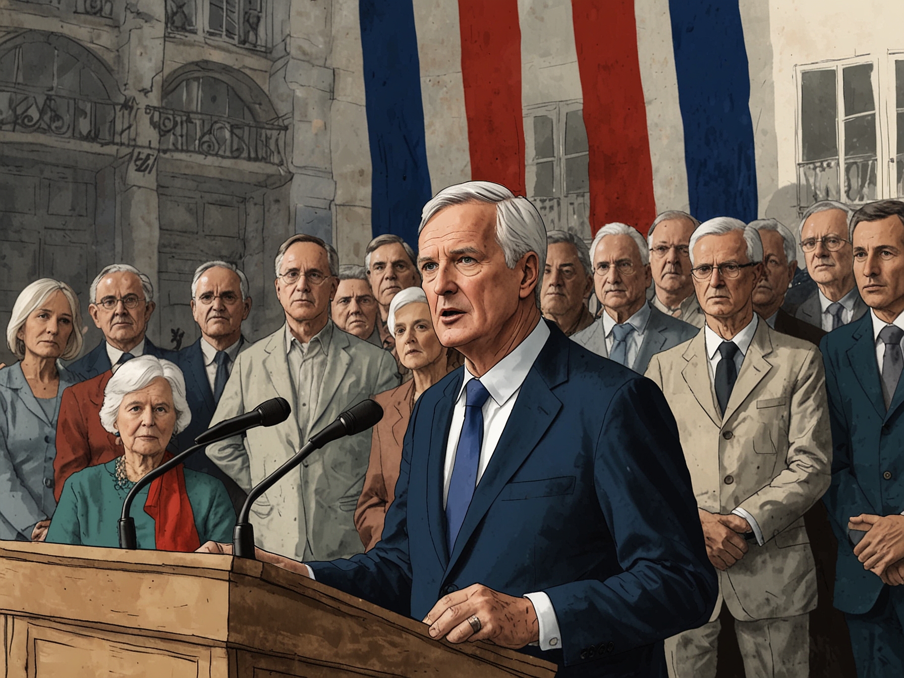 An image depicting Michel Barnier speaking at a podium, surrounded by flags of France, with concerned citizens in the foreground, reflecting the political tension in France.