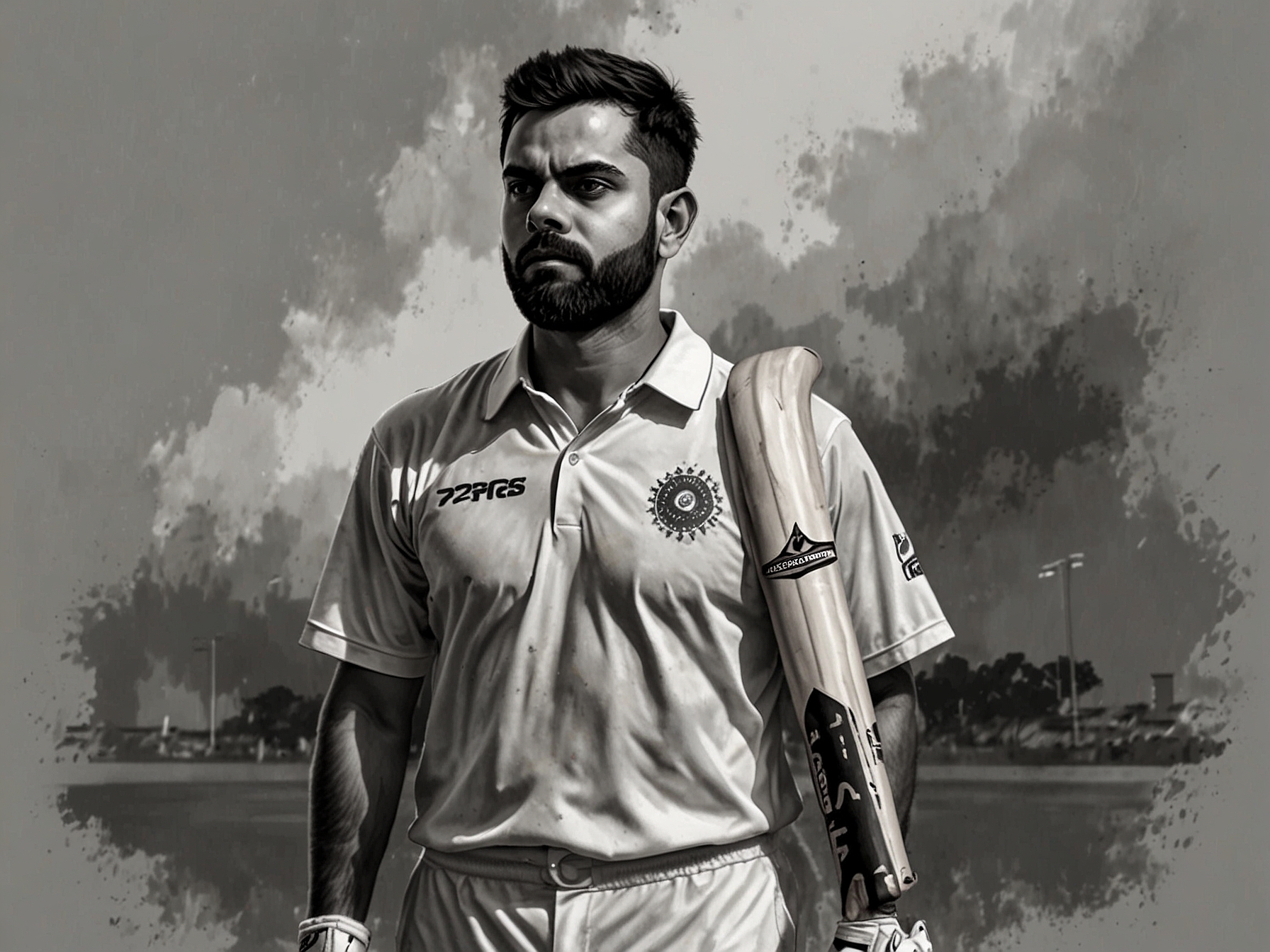 A focused Virat Kohli stands at the crease, bat in hand, gazing towards the horizon as he prepares for a crucial innings, embodying hope and determination amidst pressure.
