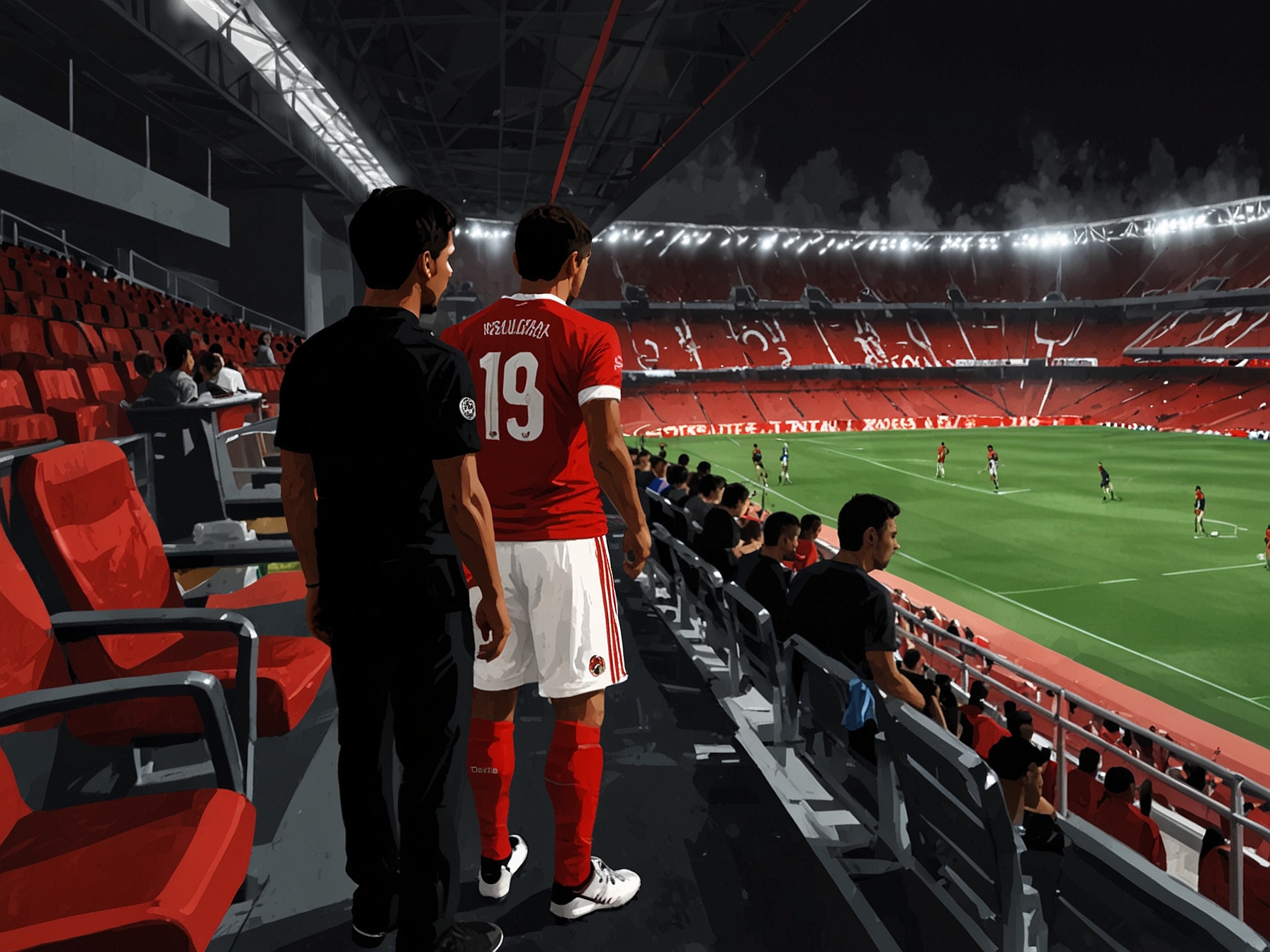 A tense atmosphere at Estadio Caliente, with Xolos and América players warming up before their crucial match, fans in the stands wearing team colors. The excitement and anxiety are palpable as the kickoff approaches.