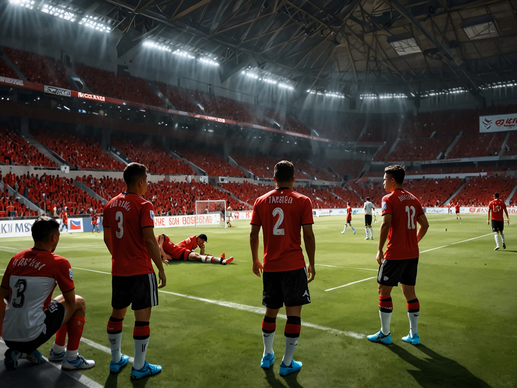 A close-up of a Xolos player looking determined as he prepares for the match, with brilliant stadium lights illuminating the field behind him, embodying the weight of expectations.