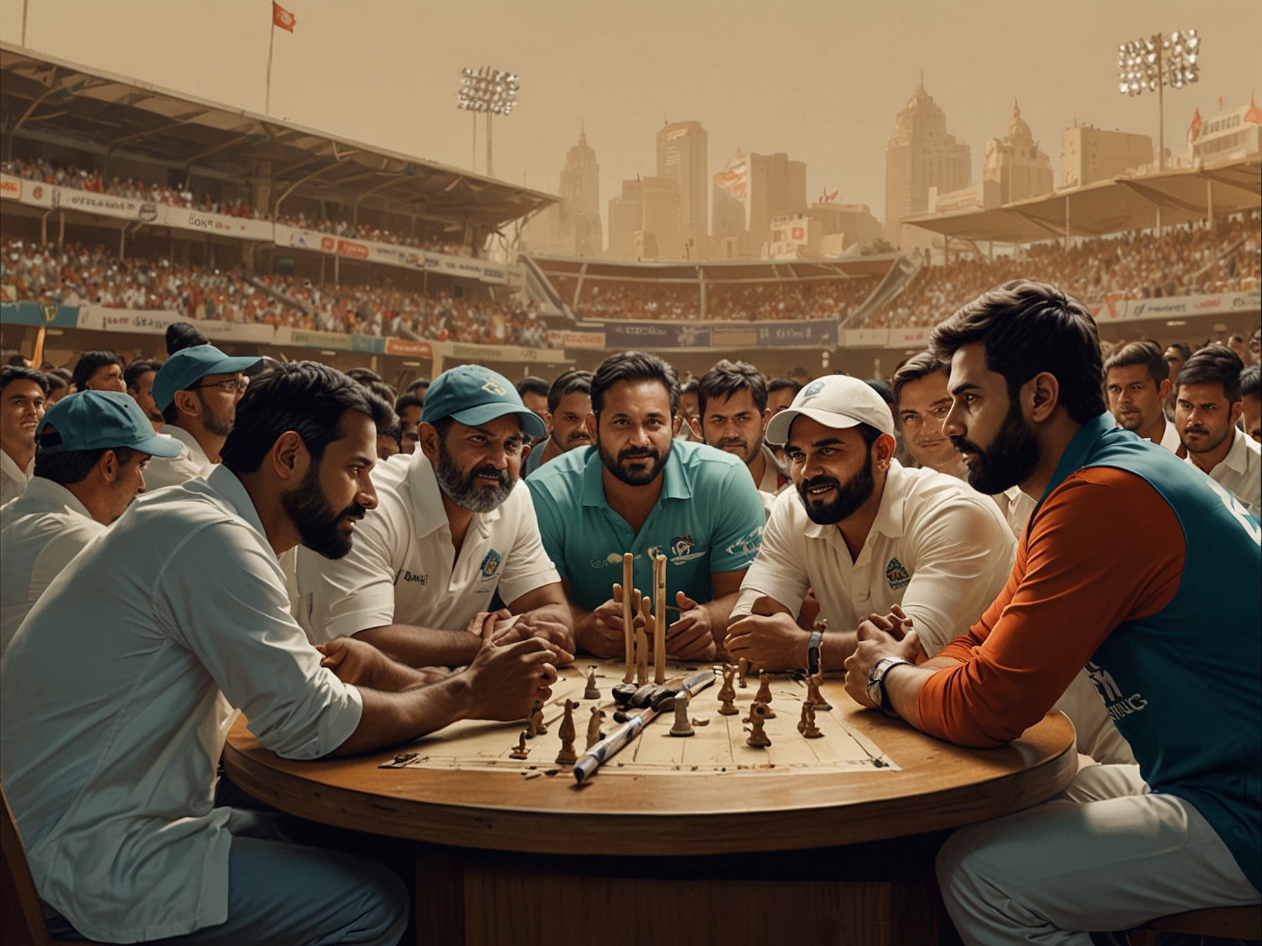 An intense cricket frenzy during the IPL mega auction, showcasing teams strategizing, with a focus on spinners amidst a backdrop of bidding excitement and player profiles.