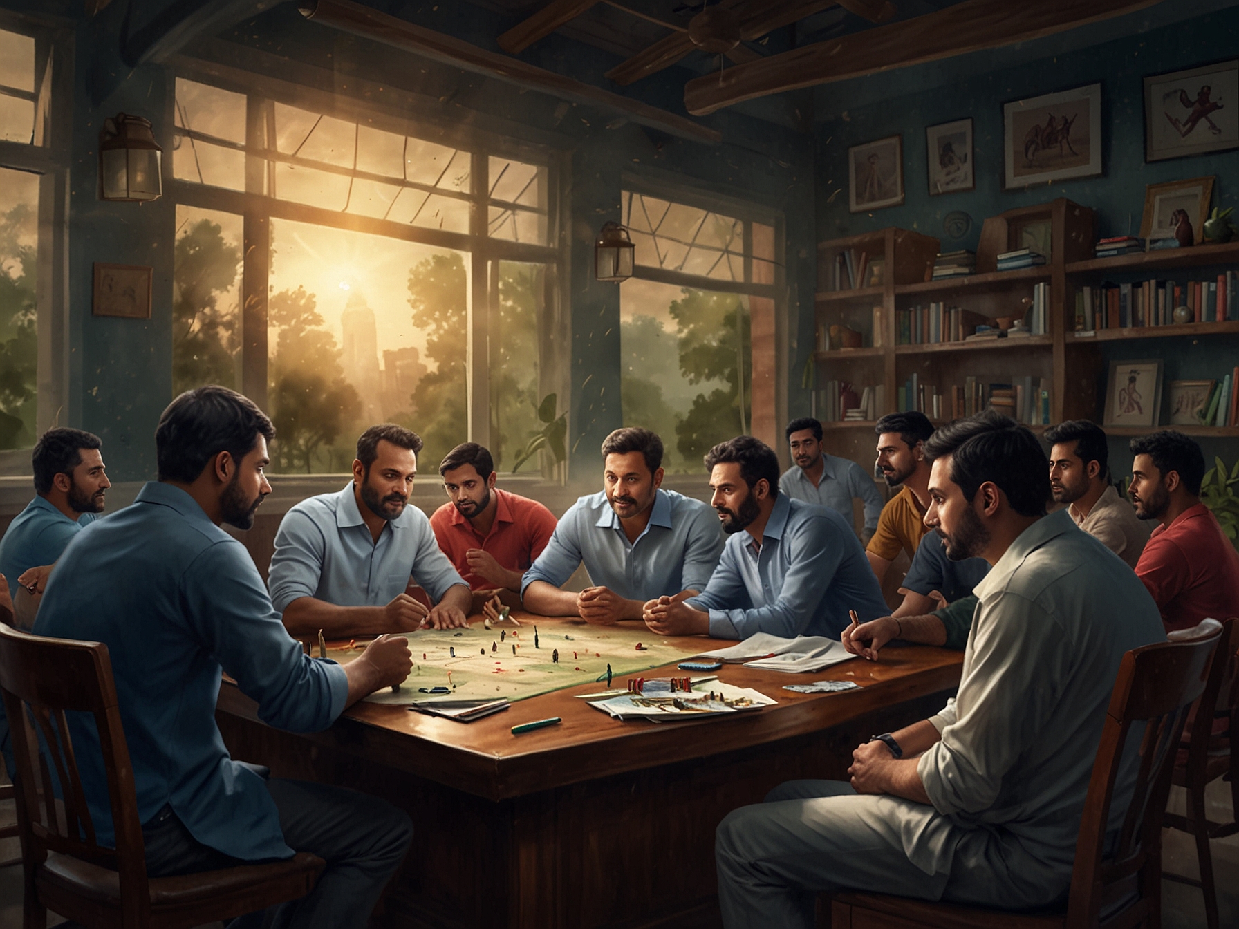 Visual representation of teams analyzing data, with images of key spin bowlers like Rashid Khan, surrounded by graphs and auction paddles signaling strategic decisions.