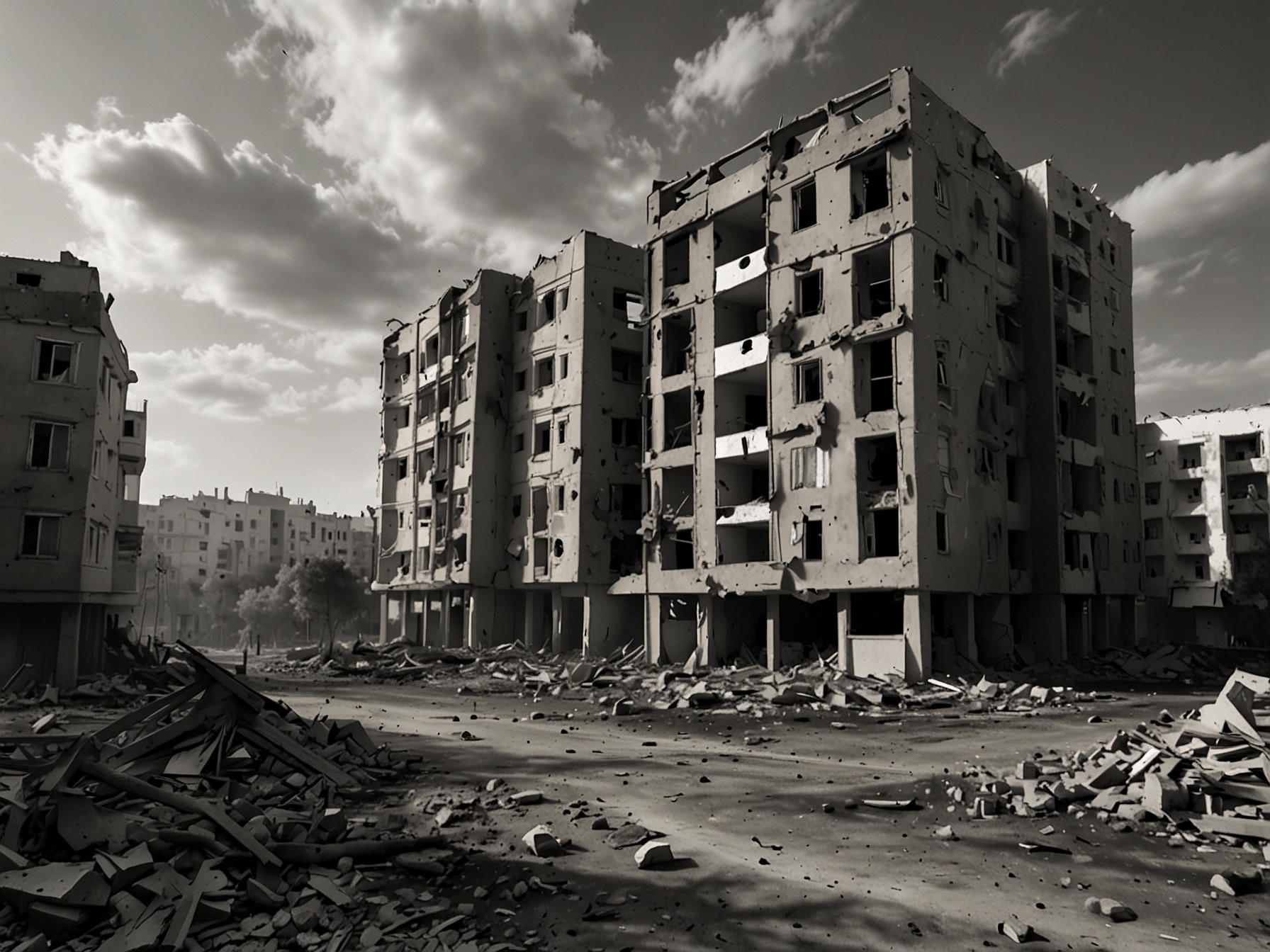 A devastated cityscape in Dnipro post-missile strike, with crumbling buildings and debris scattered across the streets, symbolizing the severe impact of the ongoing conflict.