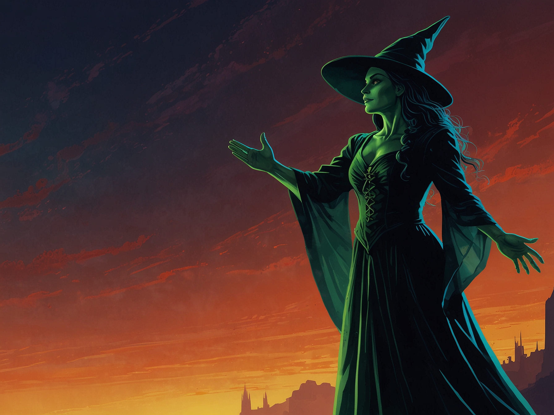 An artistic representation of Elphaba in a dramatic pose against a vibrant magical backdrop, symbolizing her emotional journey and struggles.