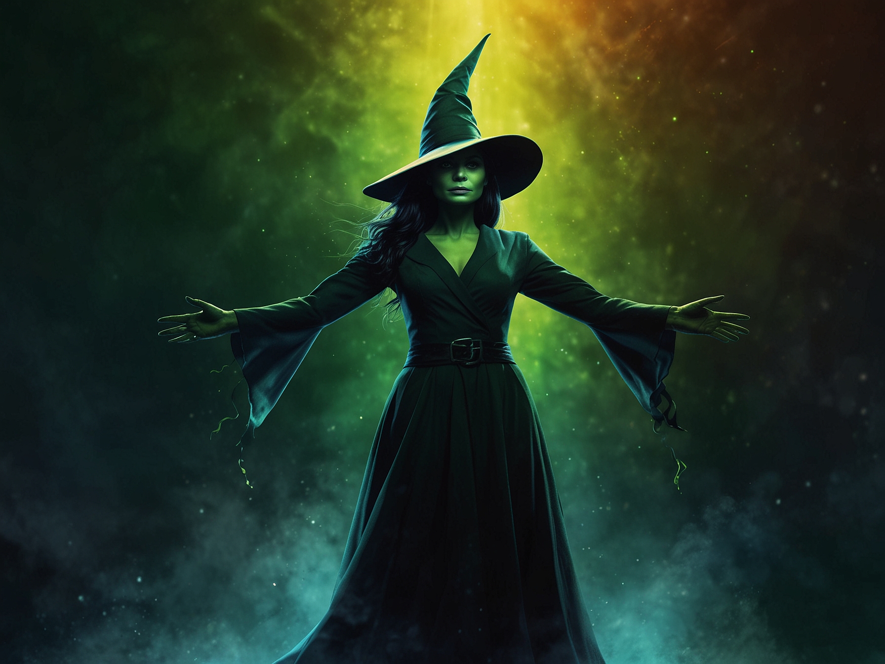 Glinda and Elphaba standing together on stage, showcasing their contrasting personalities and the evolution of their friendship, surrounded by enchanting visuals.