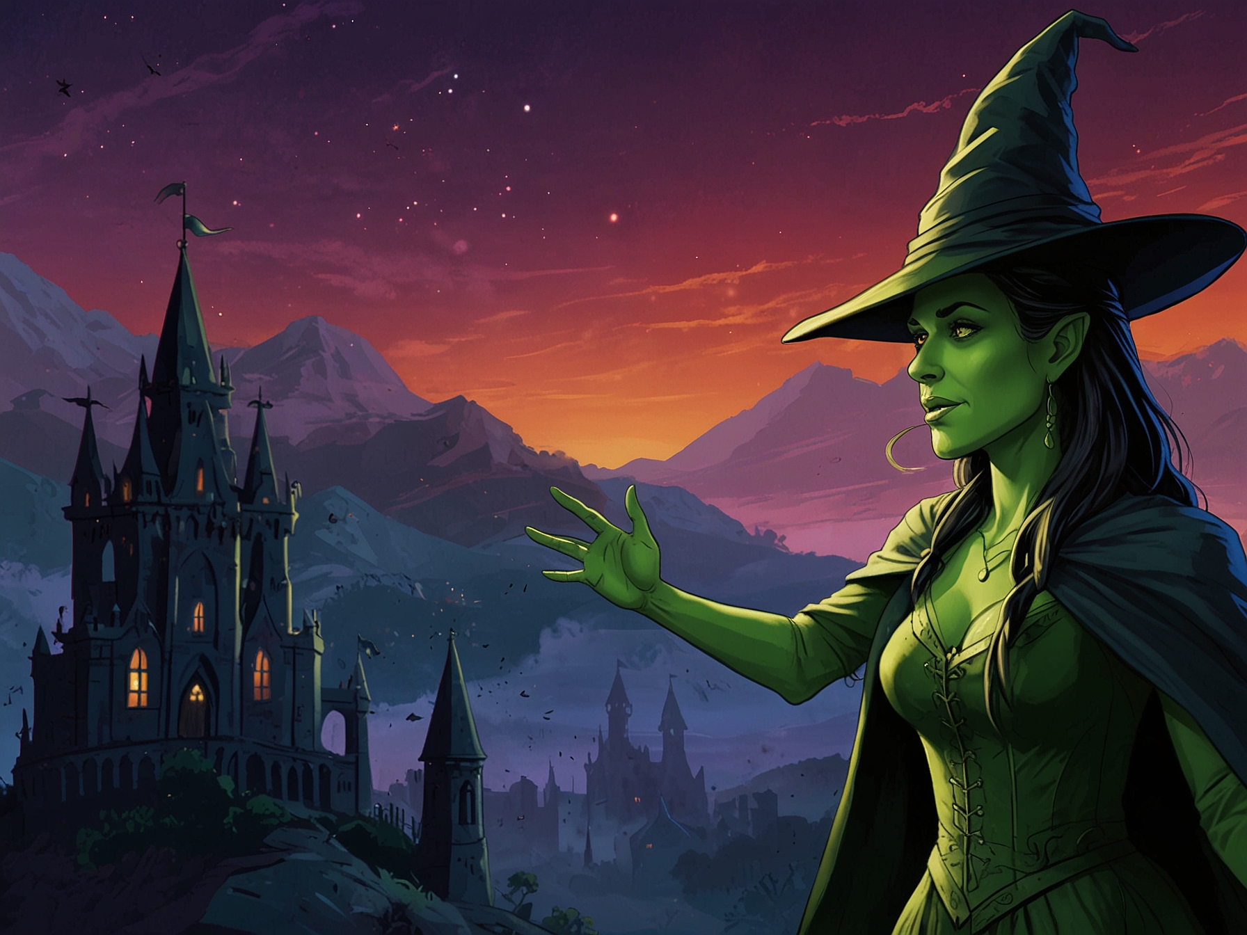A cinematic scene from 'Wicked: Part One', highlighting a key musical number with vivid colors and dynamic choreography, capturing the essence of the story's themes.