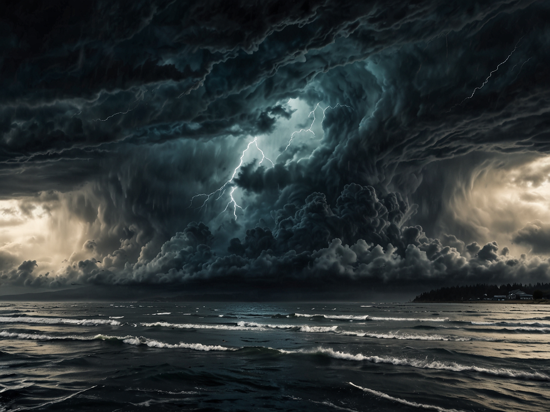 An image depicting a dramatic storm over the Pacific Northwest, showcasing dark, swirling clouds and heavy rain, illustrating the intensity of a bomb cyclone affecting the region.