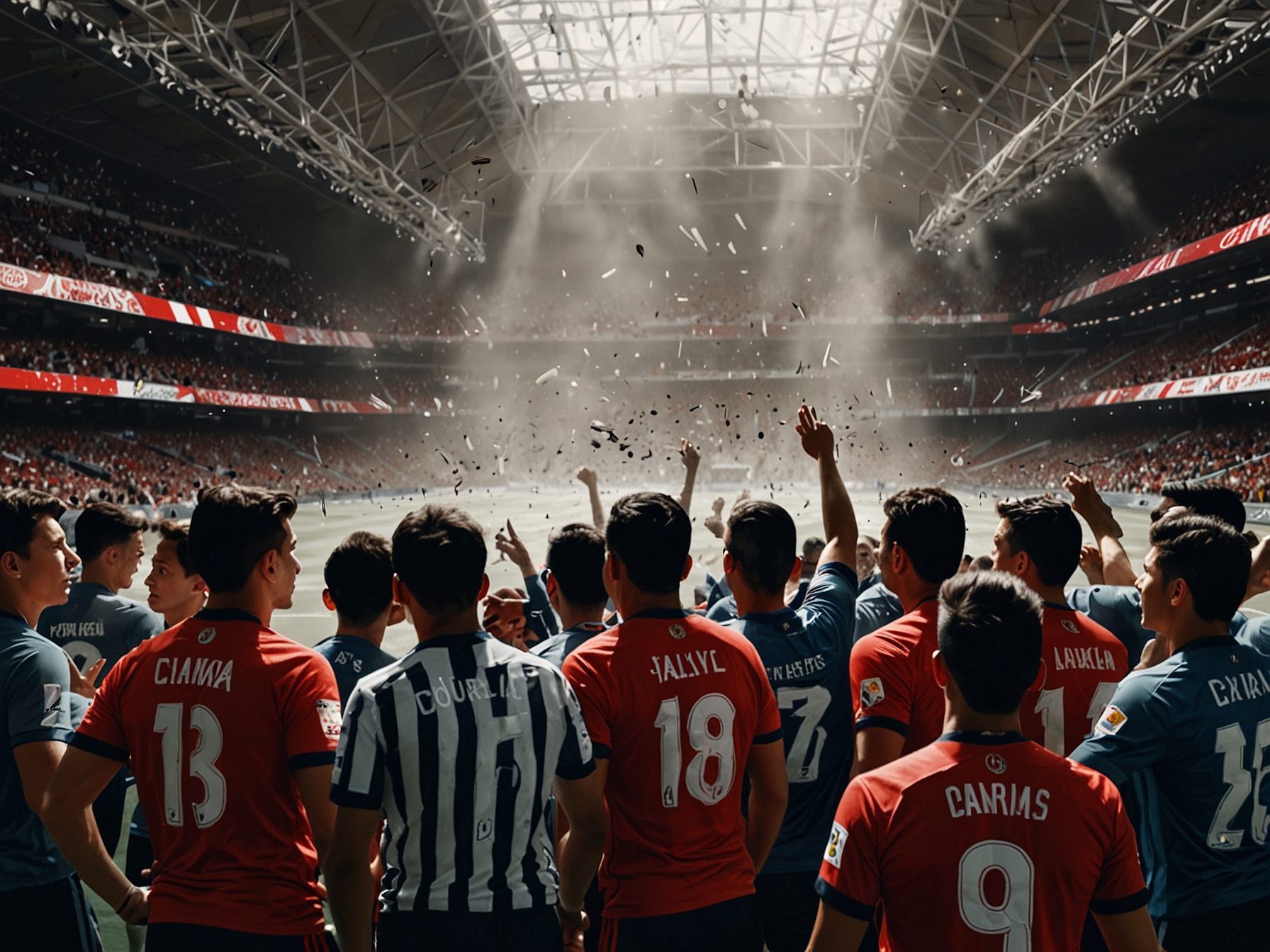 A tense moment during the Liga MX Play-In match between Chivas and Atlas, showcasing players vying for the ball amidst an electrifying atmosphere filled with passionate fans.
