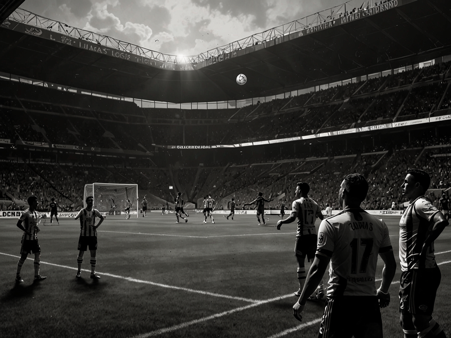 A vibrant scene from the stands at a Liga MX game, displaying enthusiastic fans cheering, holding banners, and showcasing their team colors, embodying the spirit of Mexican football.