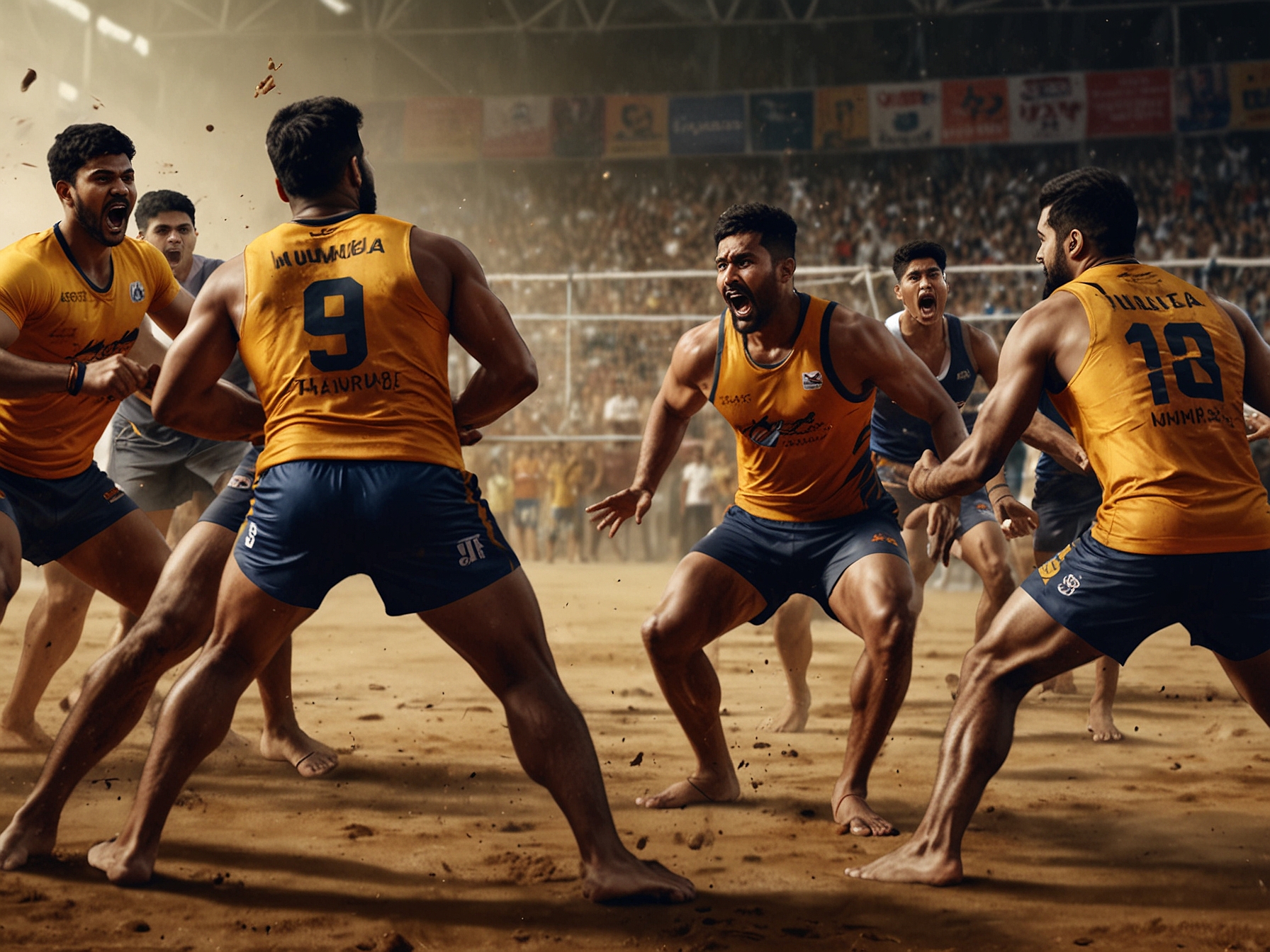 An action-packed scene from a kabaddi match, showcasing players from Telugu Titans and U Mumba in intense competition on the mat, with fans cheering in the background.