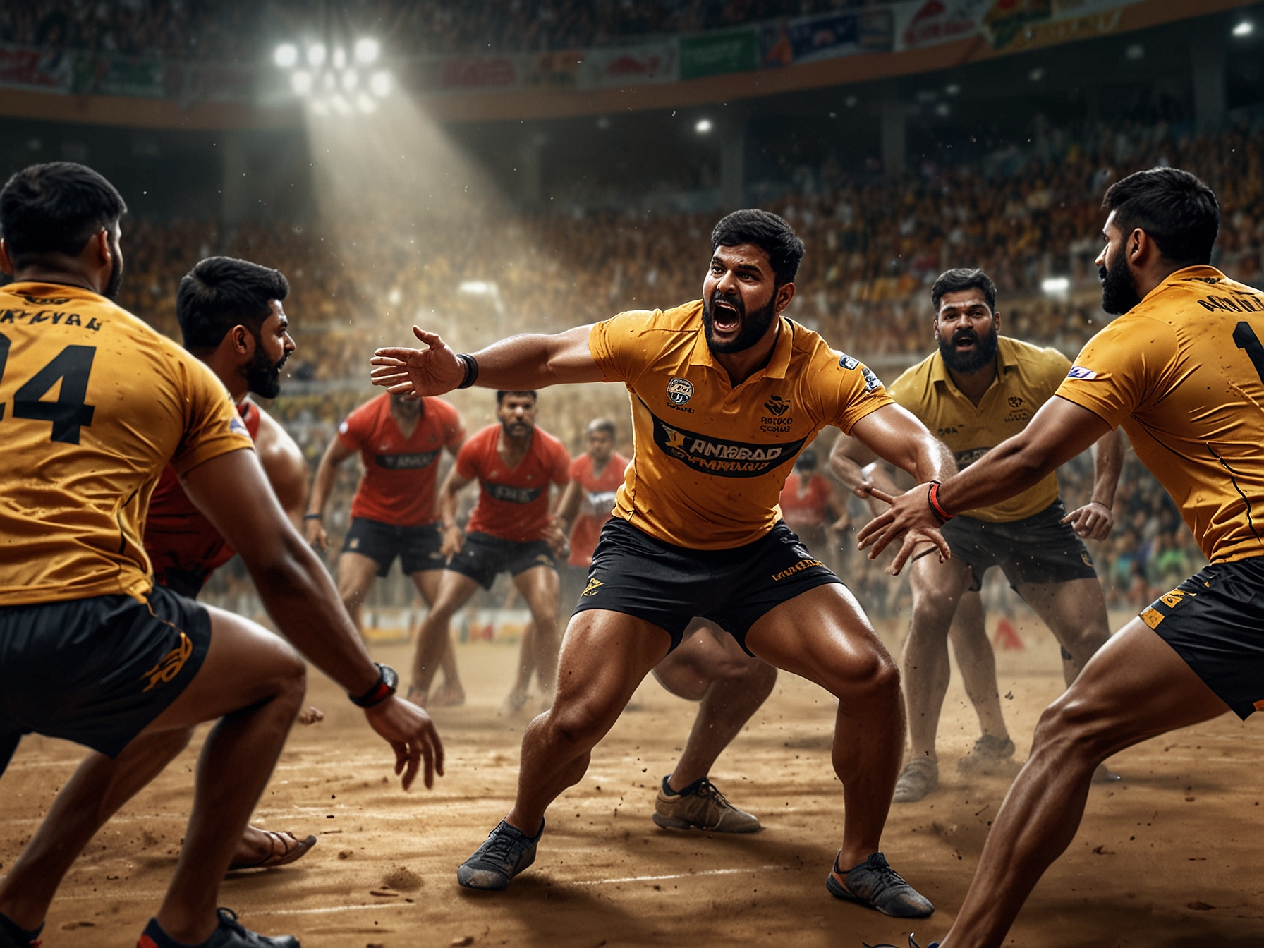 A close-up of a kabaddi player making a crucial raid, demonstrating athleticism and strategy, surrounded by other players poised to defend.