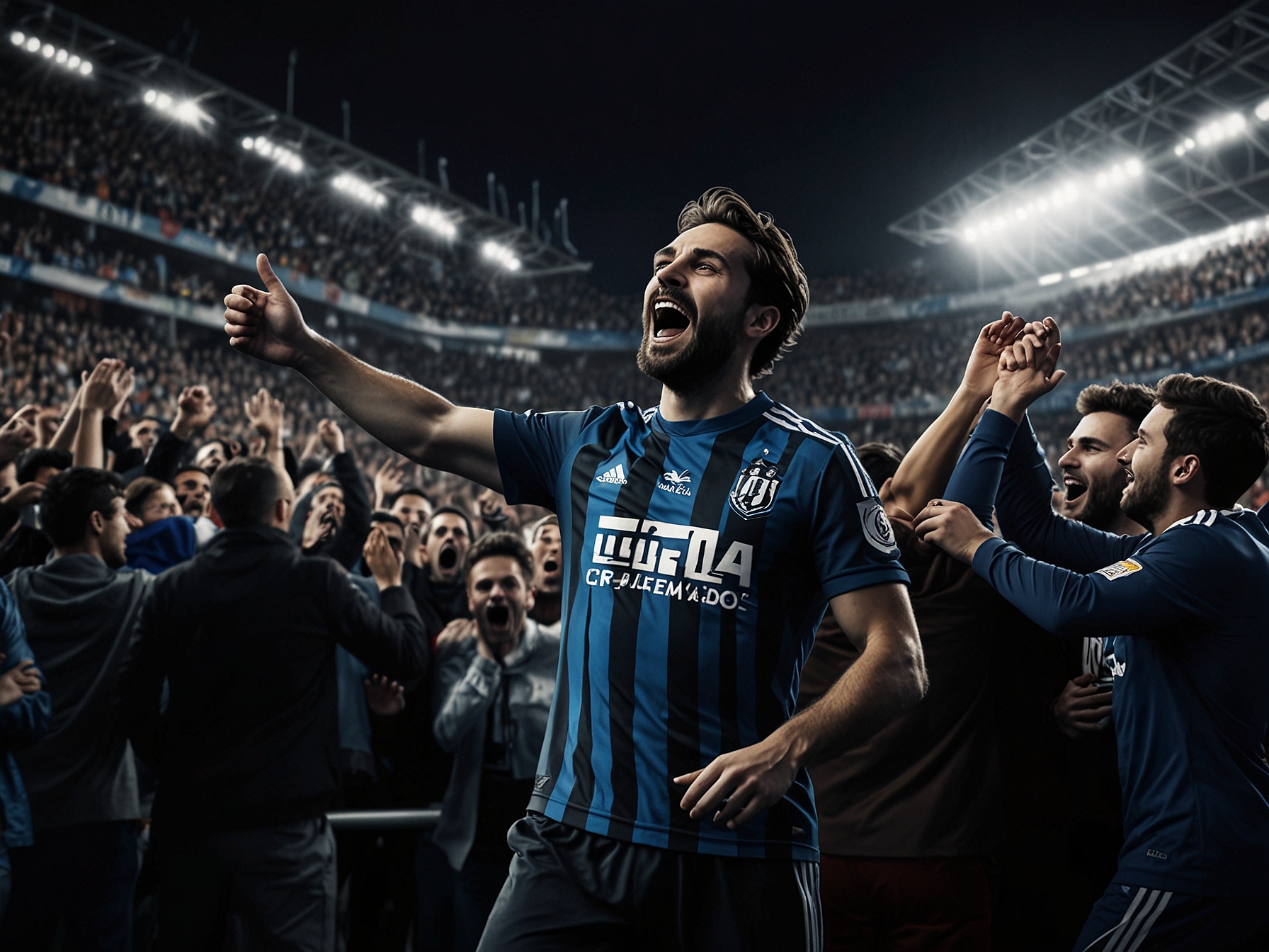 The final whistle blows as Real Sociedad players celebrate their emphatic victory against Jove Español, with jubilant fans cheering in the stands.
