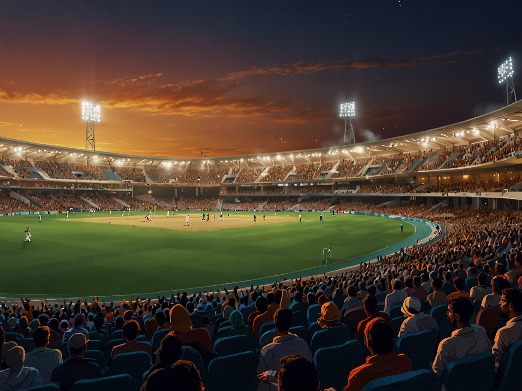 A vibrant stadium filled with cheering fans, as two cricket teams prepare to compete in the Abu Dhabi T10 League under bright lights. The atmosphere is electric, reflecting the excitement of the fast-paced matches.