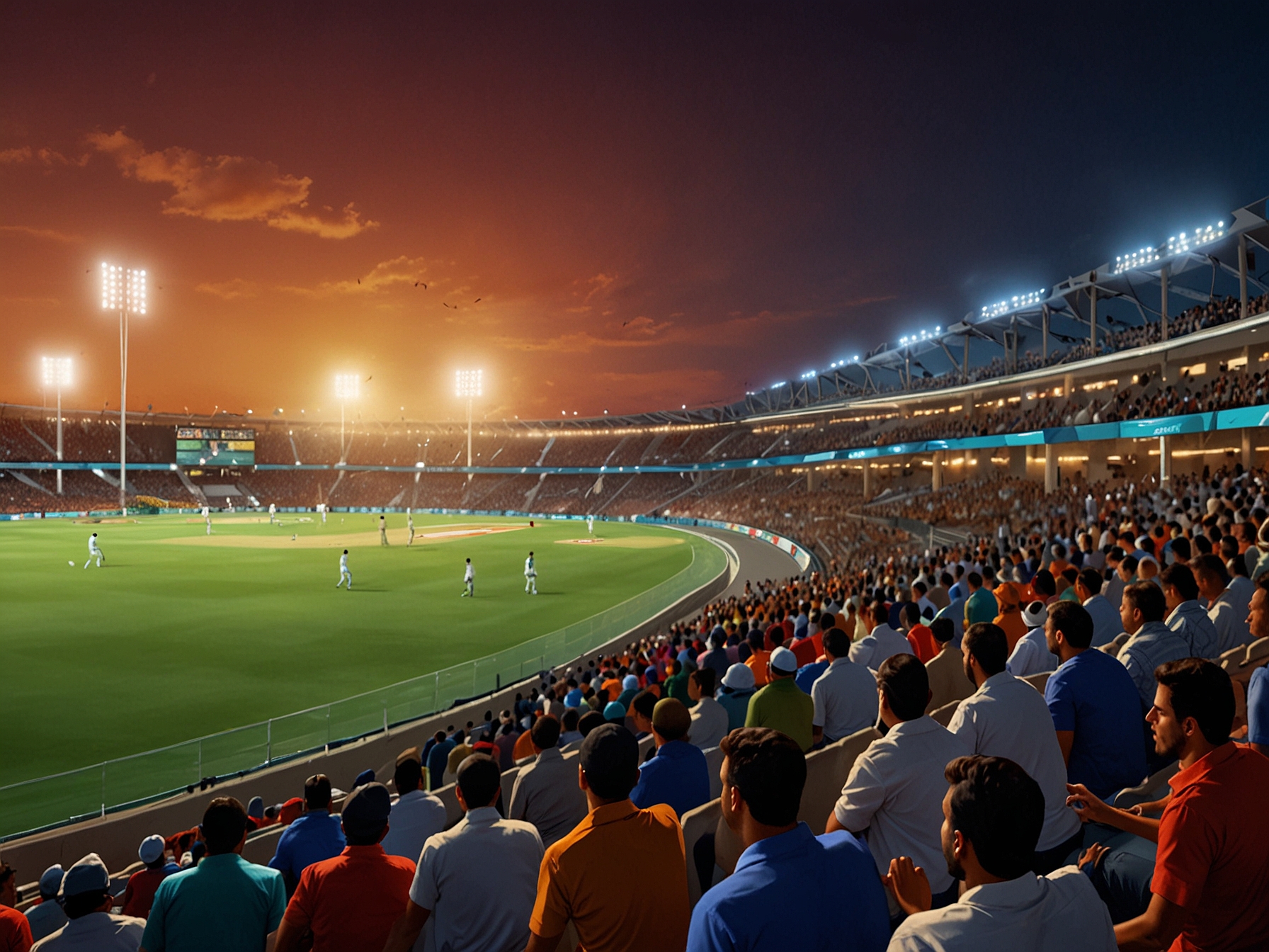 An action shot of a batsman hitting a massive six during an intense moment of the Abu Dhabi T10 League, with the audience erupting in cheers, capturing the essence of high-energy cricket in the tournament.