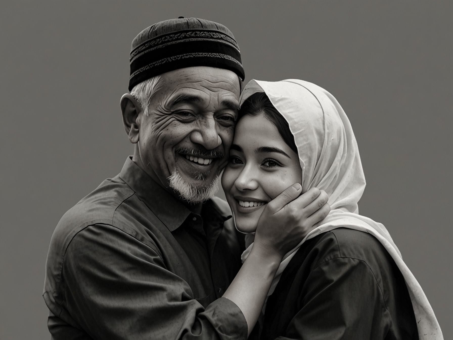A candid moment of Nissa Sabyan embracing her father, Haji Komar, reflecting their close bond amid the wedding controversy. Their expressions reveal a mix of joy and concern, symbolizing the complexities of love and fame.
