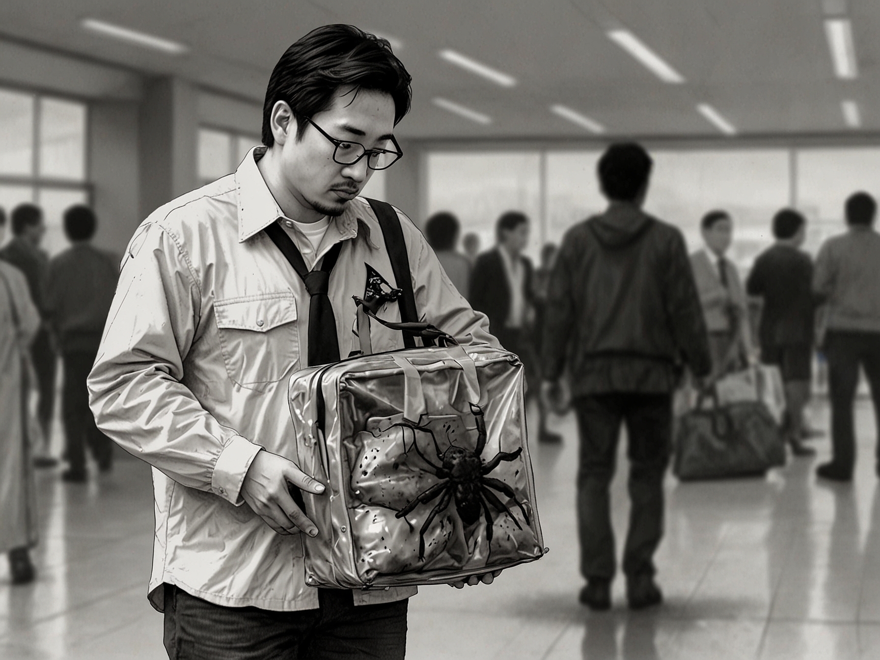 A visual representation of the bizarre wildlife smuggling case featuring a South Korean man at the airport with ziplock bags containing tarantulas and other creatures strapped to his abdomen, depicting the absurdity of the smuggling attempt.