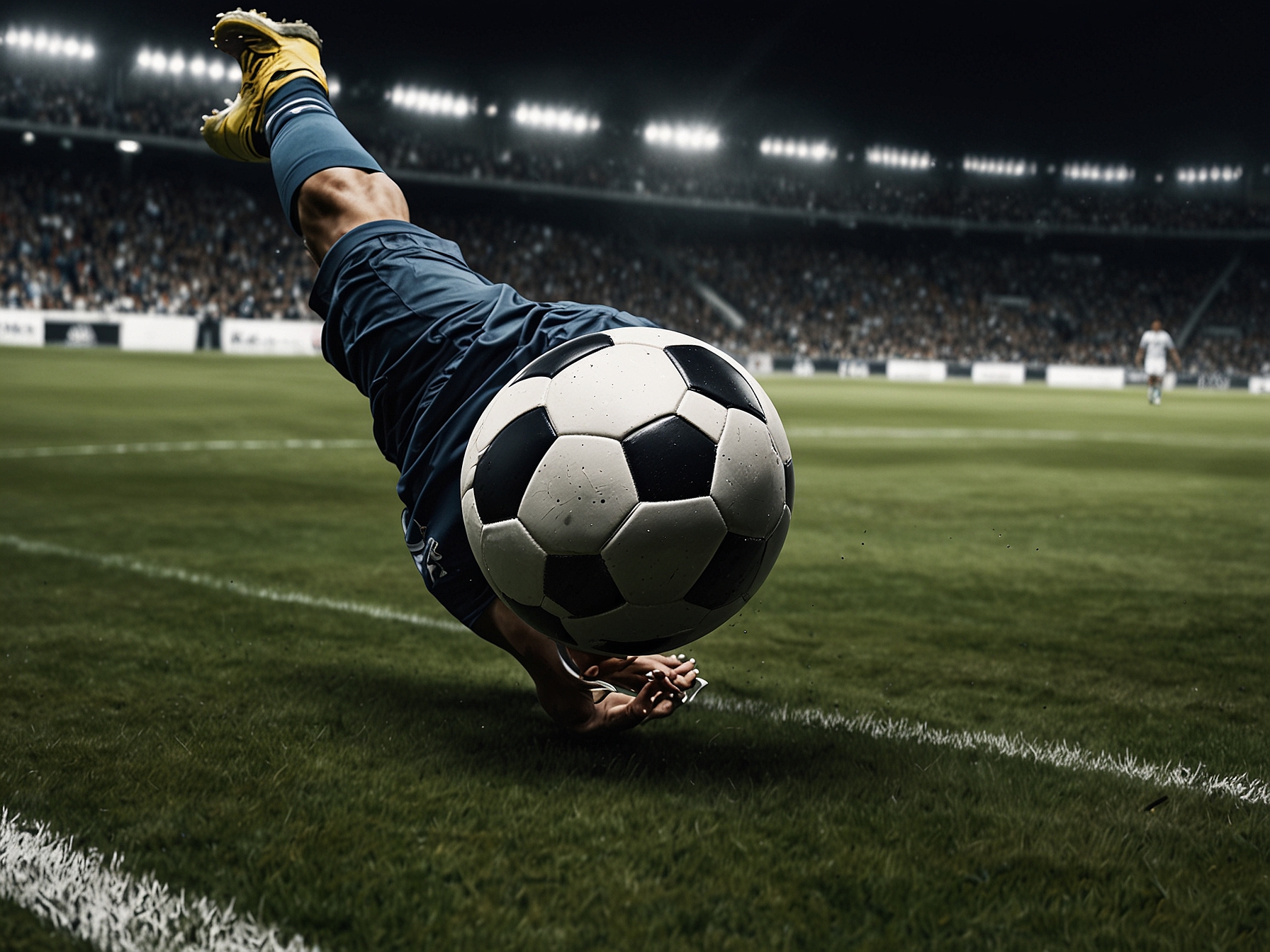 A soccer field showcasing Eduardo García in action, diving to make a save during a match, symbolizing his journey and potential future in Mexican football.