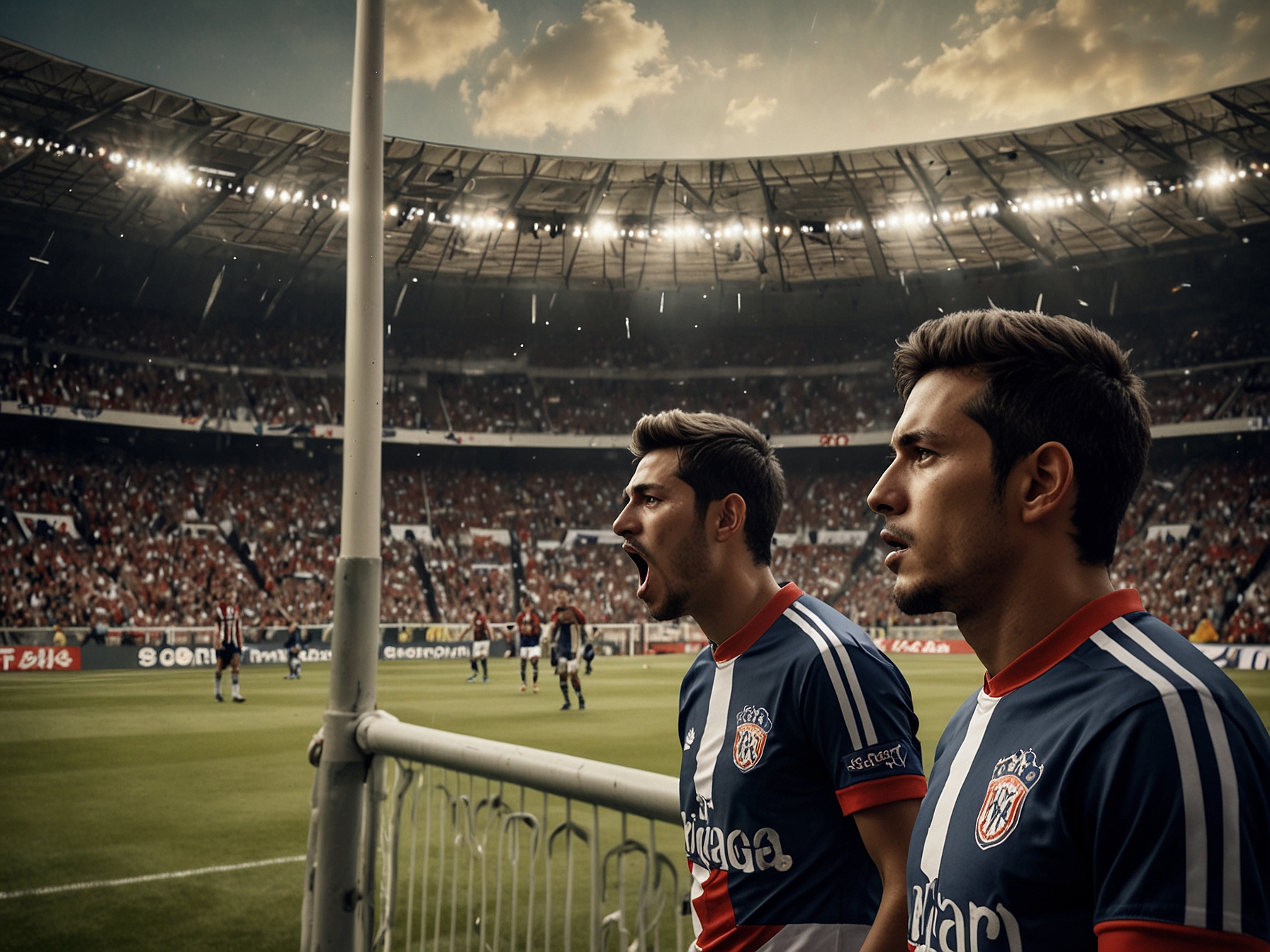 A tense moment during the Clásico Tapatío where players debate the penalty decision, showcasing the emotional responses of Chivas fans in the stands.