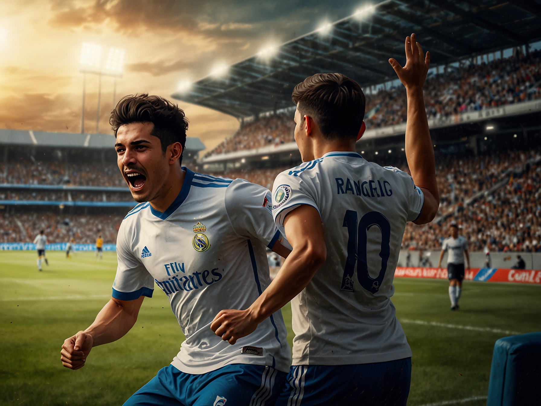 An intense scene capturing Camilo Vargas and Tala Rangel in action during the Clásico Tapatío, with fans cheering in the stands and a dramatic atmosphere surrounding the field.