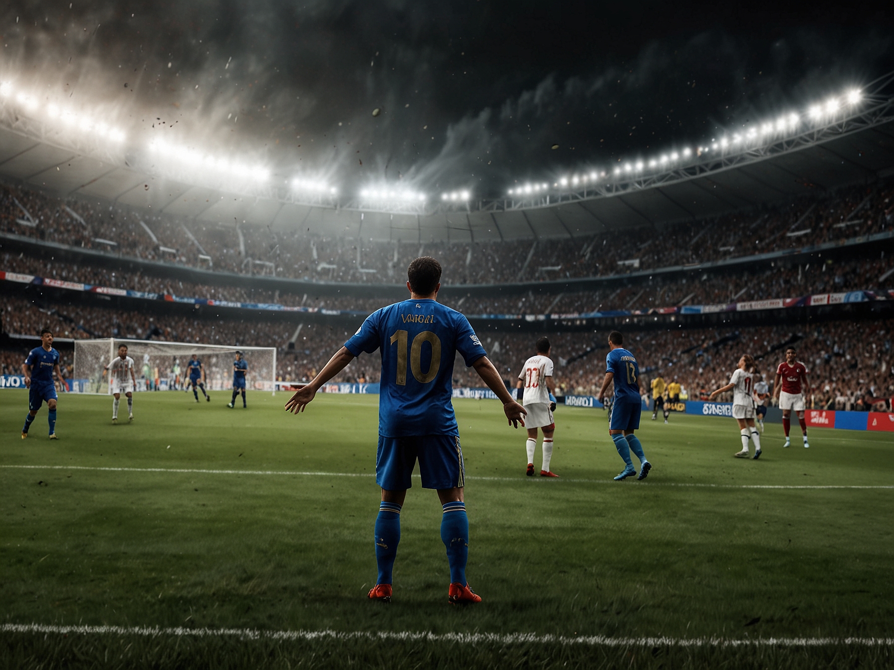 A close-up of Camilo Vargas making a spectacular save, highlighting his years of experience and skill, with the opposing team in the background looking on in awe.
