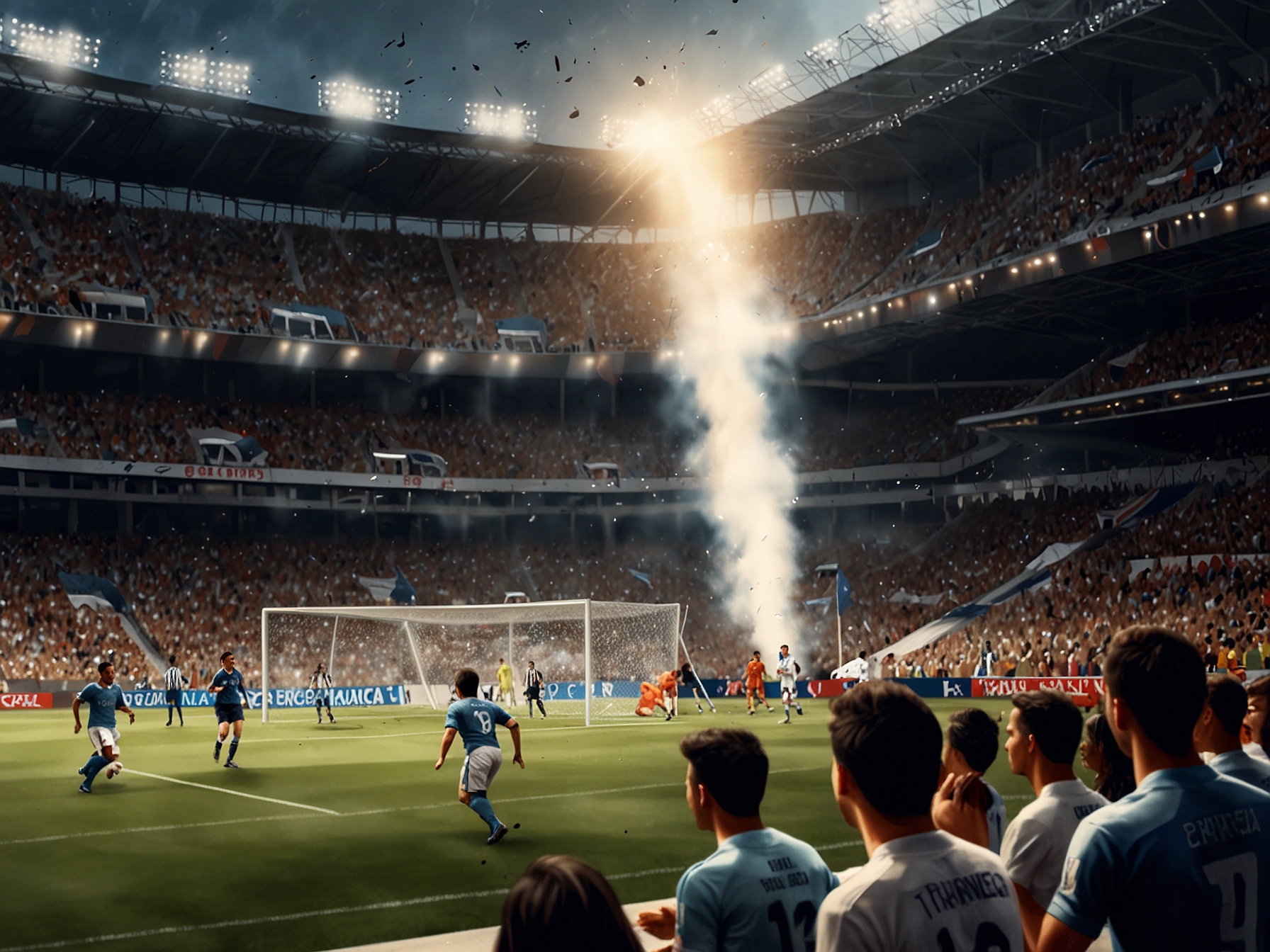 Tala Rangel celebrating a crucial save in a vibrant stadium filled with passionate fans, symbolizing hope and excitement for the future of Chivas.