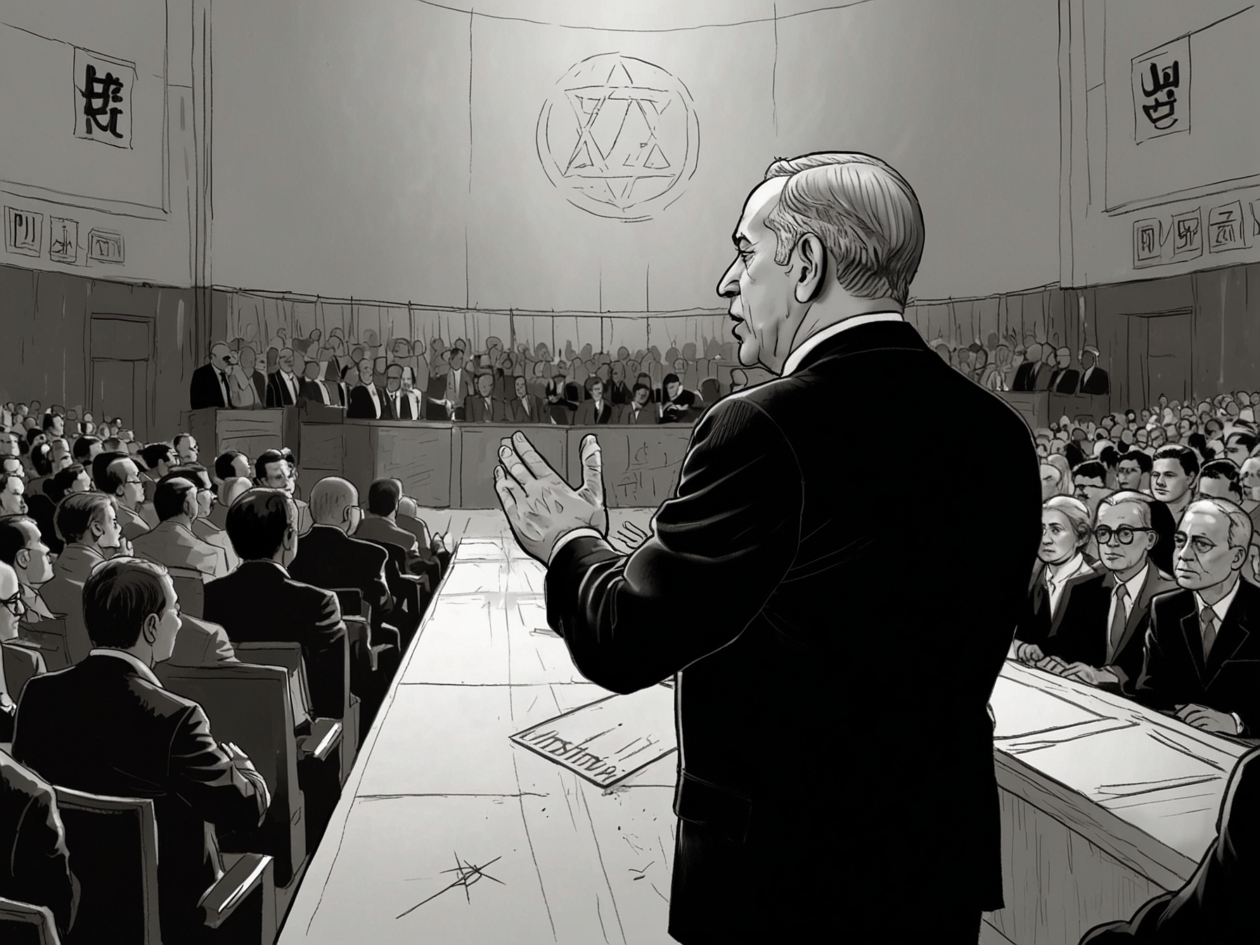 An illustration depicting Netanyahu addressing a crowd, with symbols of justice and international law in the background, highlighting the deep-rooted debates surrounding war crimes accusations.