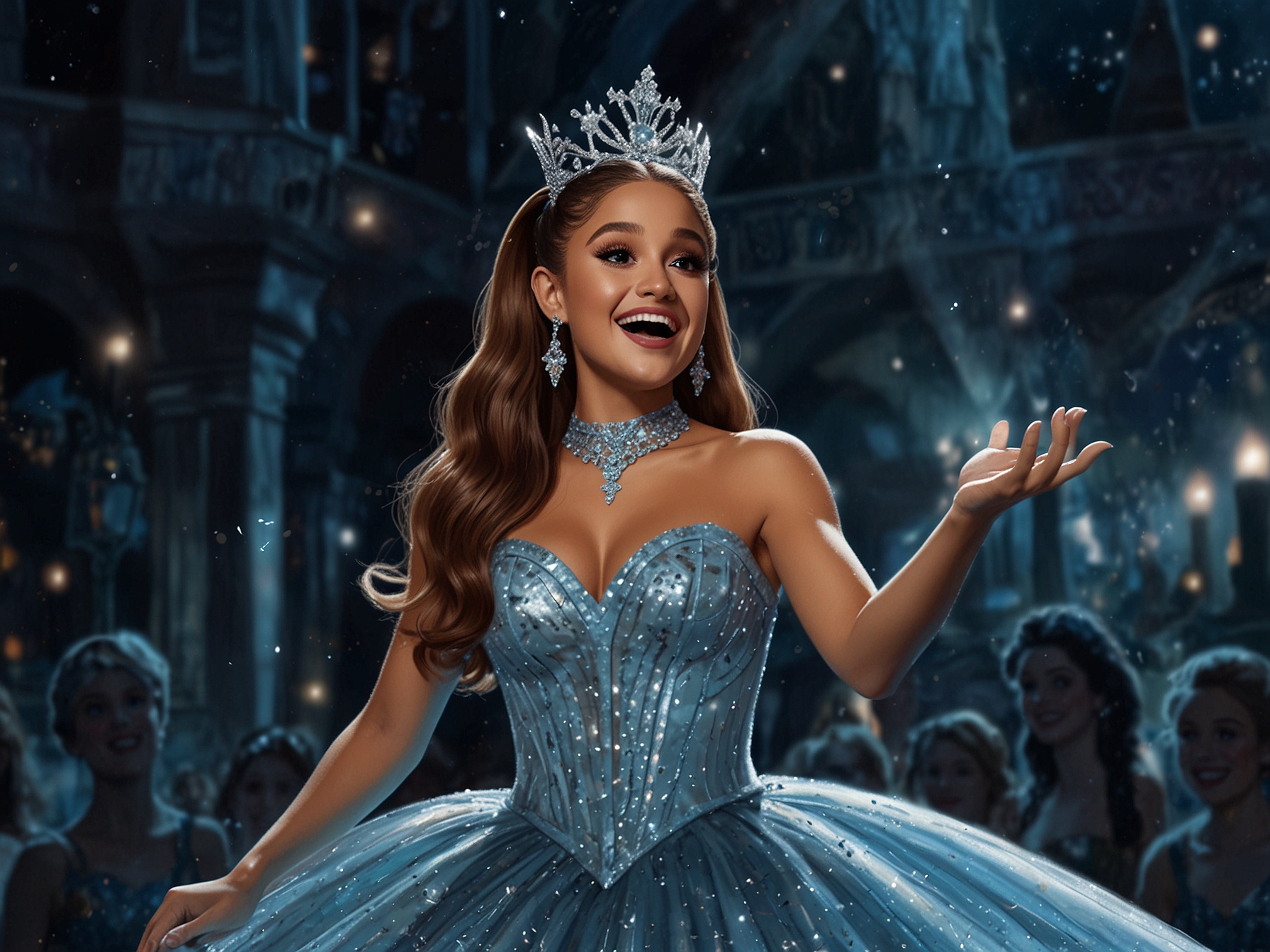 Ariana Grande in a dazzling Glinda costume, singing joyfully on a vibrant set from the film 'Wicked', capturing her enchanting presence and vocal talent.