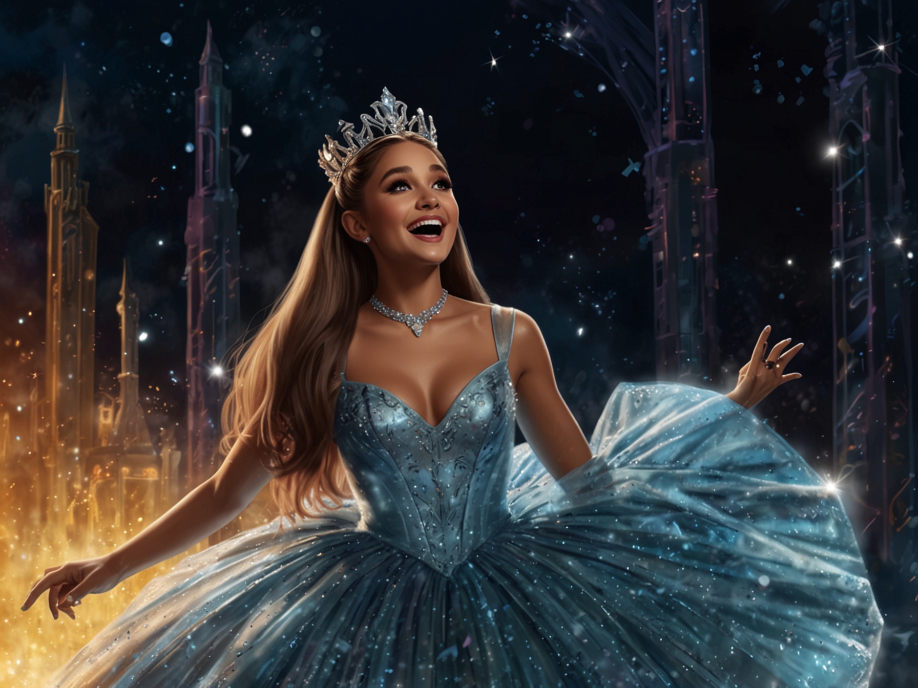 A colorful scene from 'Wicked' featuring Ariana Grande and her co-stars, showcasing the film's magical atmosphere and captivating choreography amidst an elaborate backdrop.