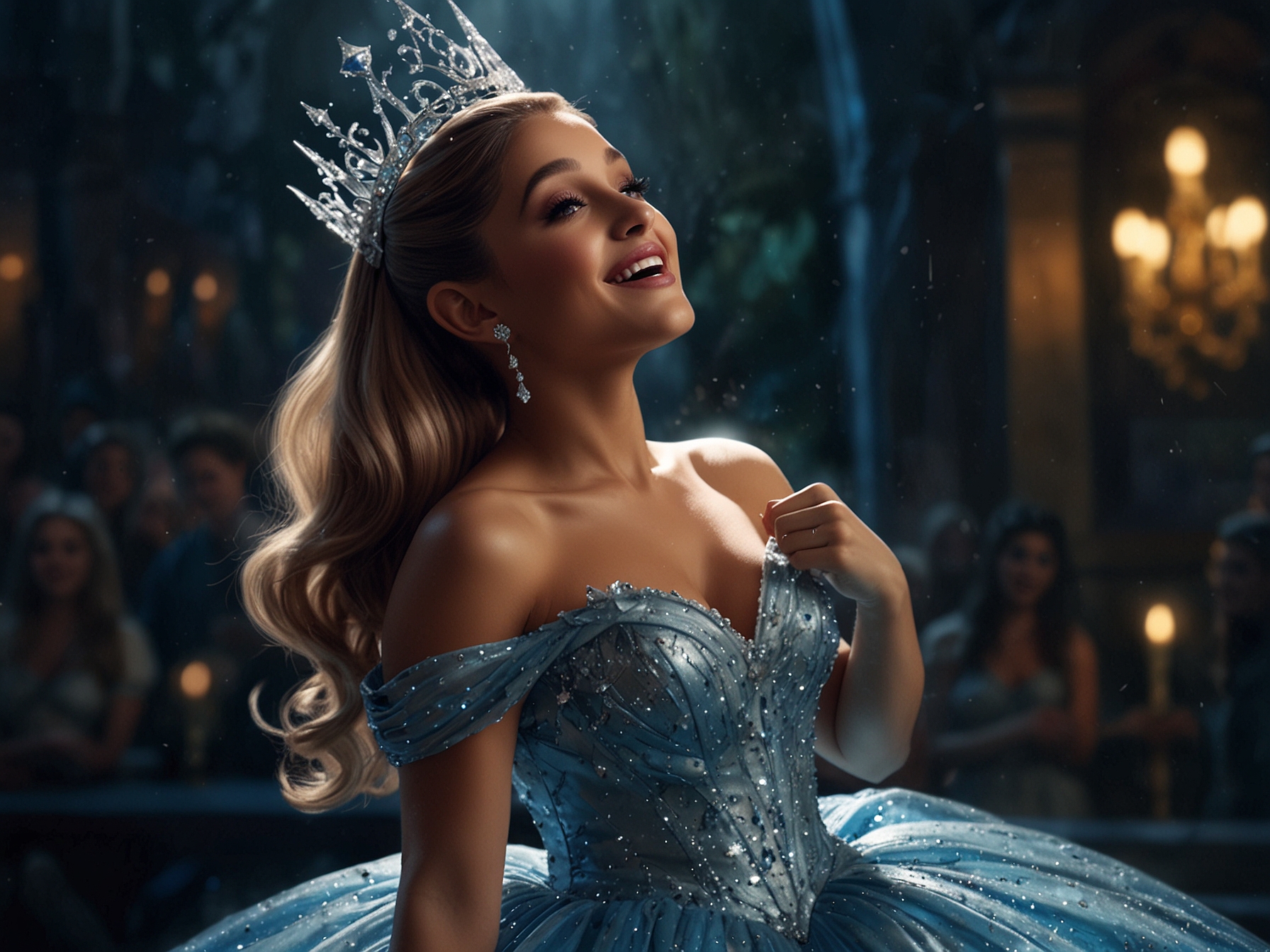 A behind-the-scenes shot of Ariana Grande rehearsing her lines for 'Wicked', illustrating her dedication and transformation into the beloved character Glinda.