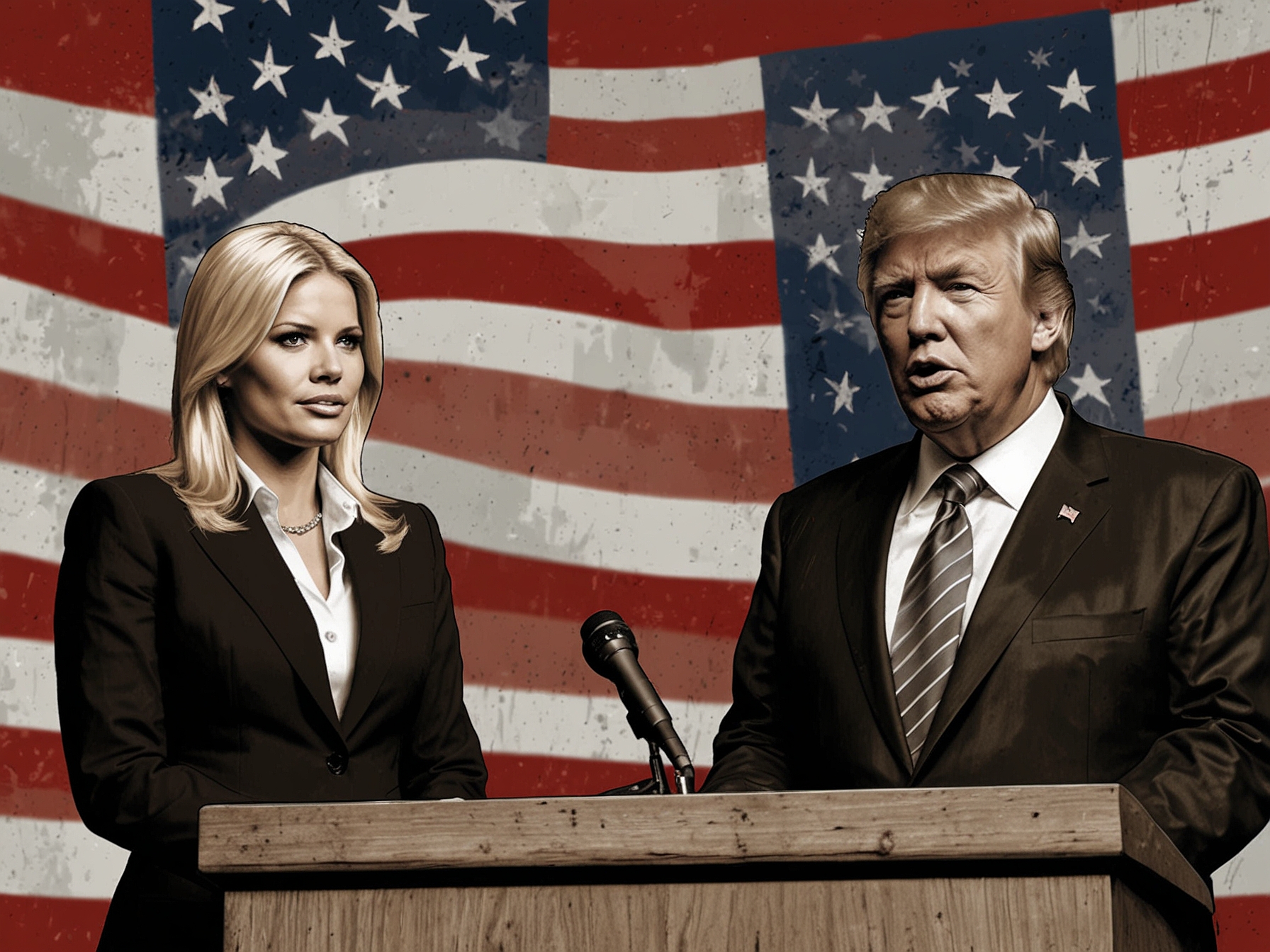 An image depicting Donald Trump speaking at a podium with Pam Bondi standing beside him, symbolizing her nomination as U.S. Attorney General, with a backdrop of the U.S. flag.