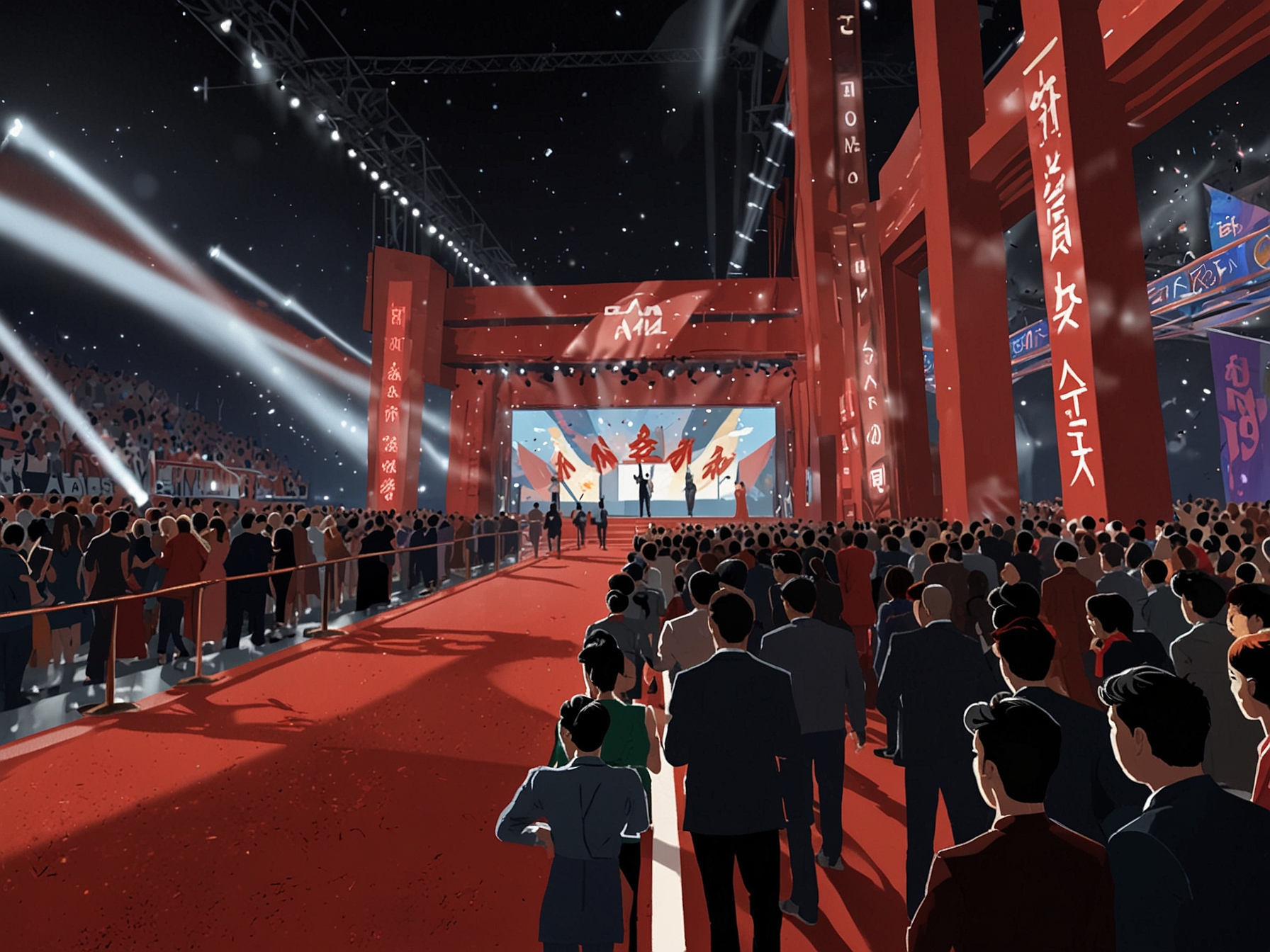 A vibrant red carpet scene at the MNet Asian Music Awards 2024, capturing the energetic ambiance with celebrities in stylish outfits, fans cheering, and flashing cameras.