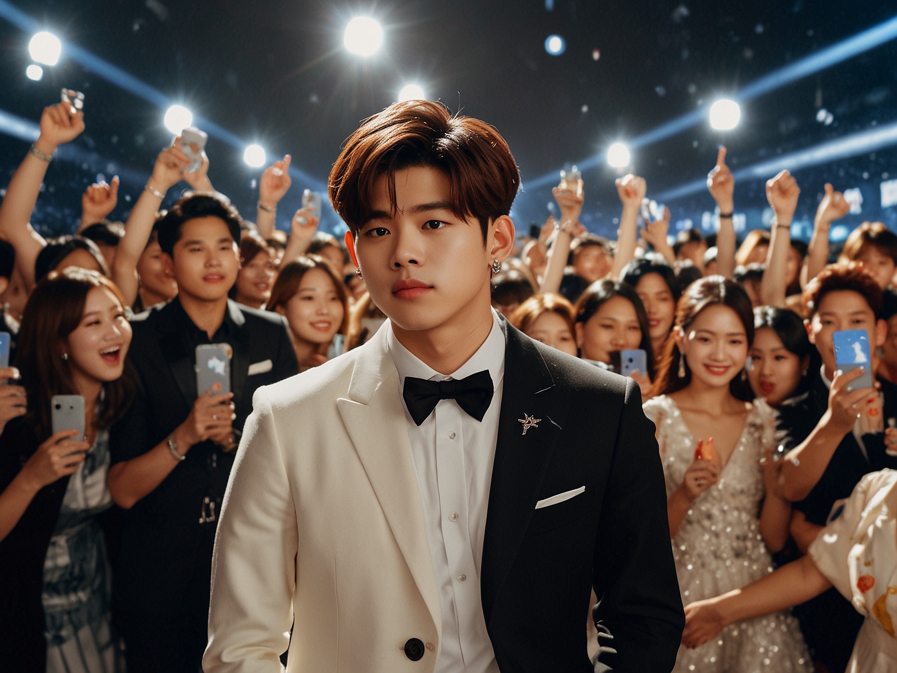 A captivating scene of the MAMA Awards 2024 red carpet, featuring celebrities like Eric Nam and PARK Bo Gum in glamorous outfits, as fans cheer and photographers capture the moment.
