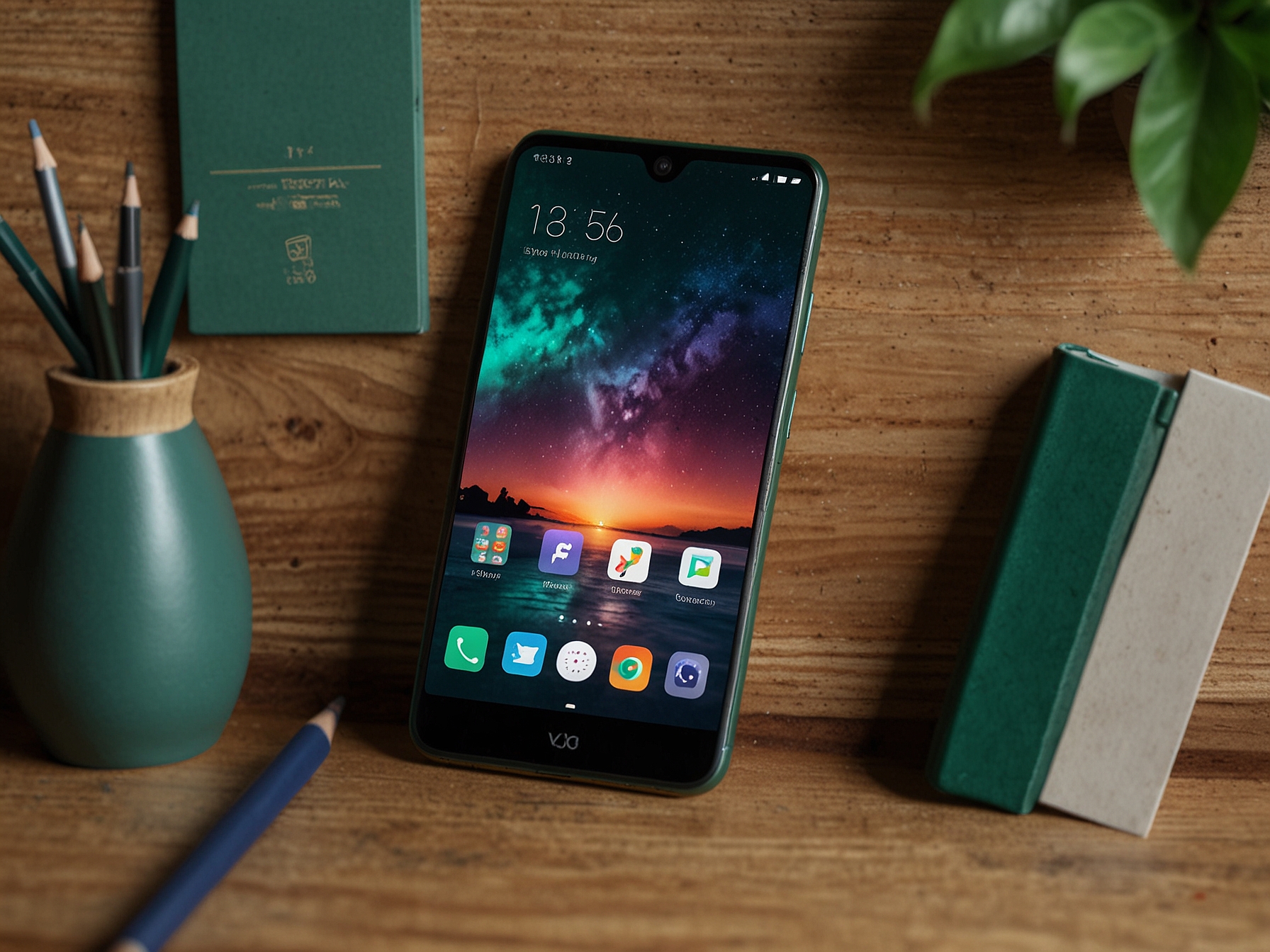 A sleek Vivo Y300 smartphone lying on a wooden table, showcasing its stunning Emerald Green color and the vibrant AMOLED display, with various apps open on the screen highlighting its features.