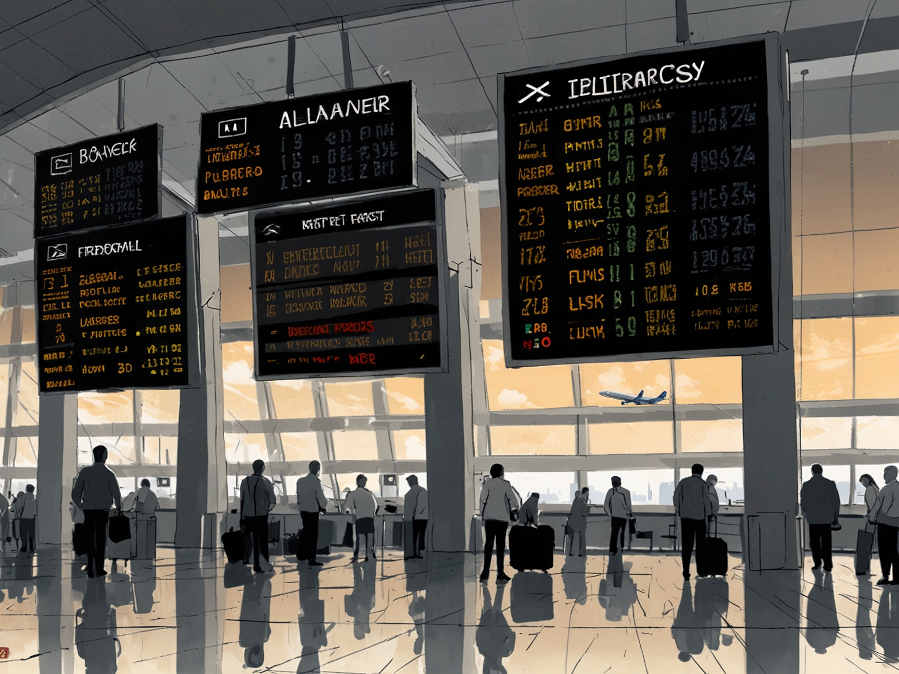 A busy airport terminal with travelers looking anxious, displaying departure boards with delayed flights, illustrating the uncertainty in air travel amidst changing security measures.
