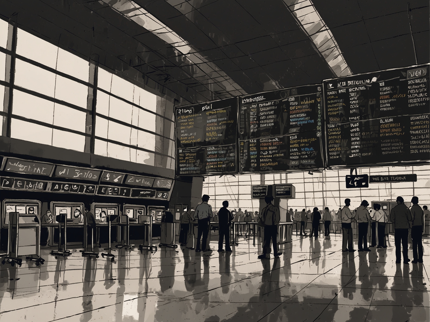 A group of travelers gathered around an information desk at an airport, showing concern and discussing the recent changes in security regulations, highlighting confusion among passengers.