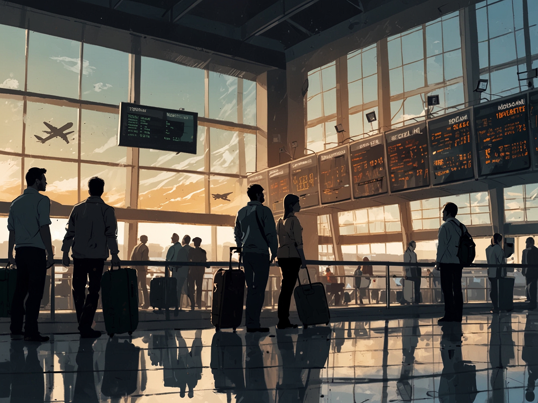 An Air Canada aircraft on the runway, with passengers boarding but visibly worried expressions as they look toward the terminal signs about security alerts and wait times.