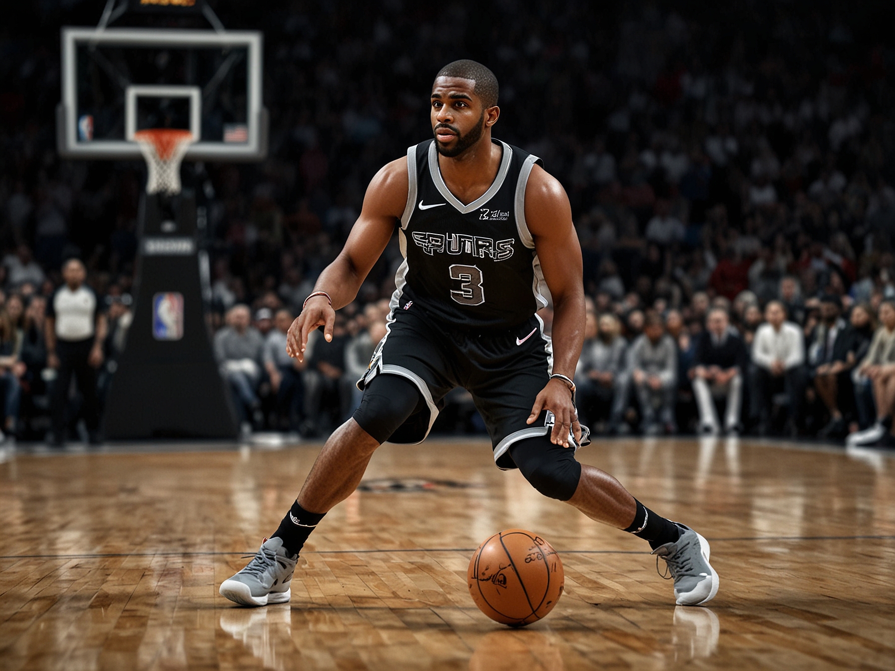 Chris Paul dribbling the ball down the court during a game, showcasing his skills and leadership as he looks to make a play for the Spurs.