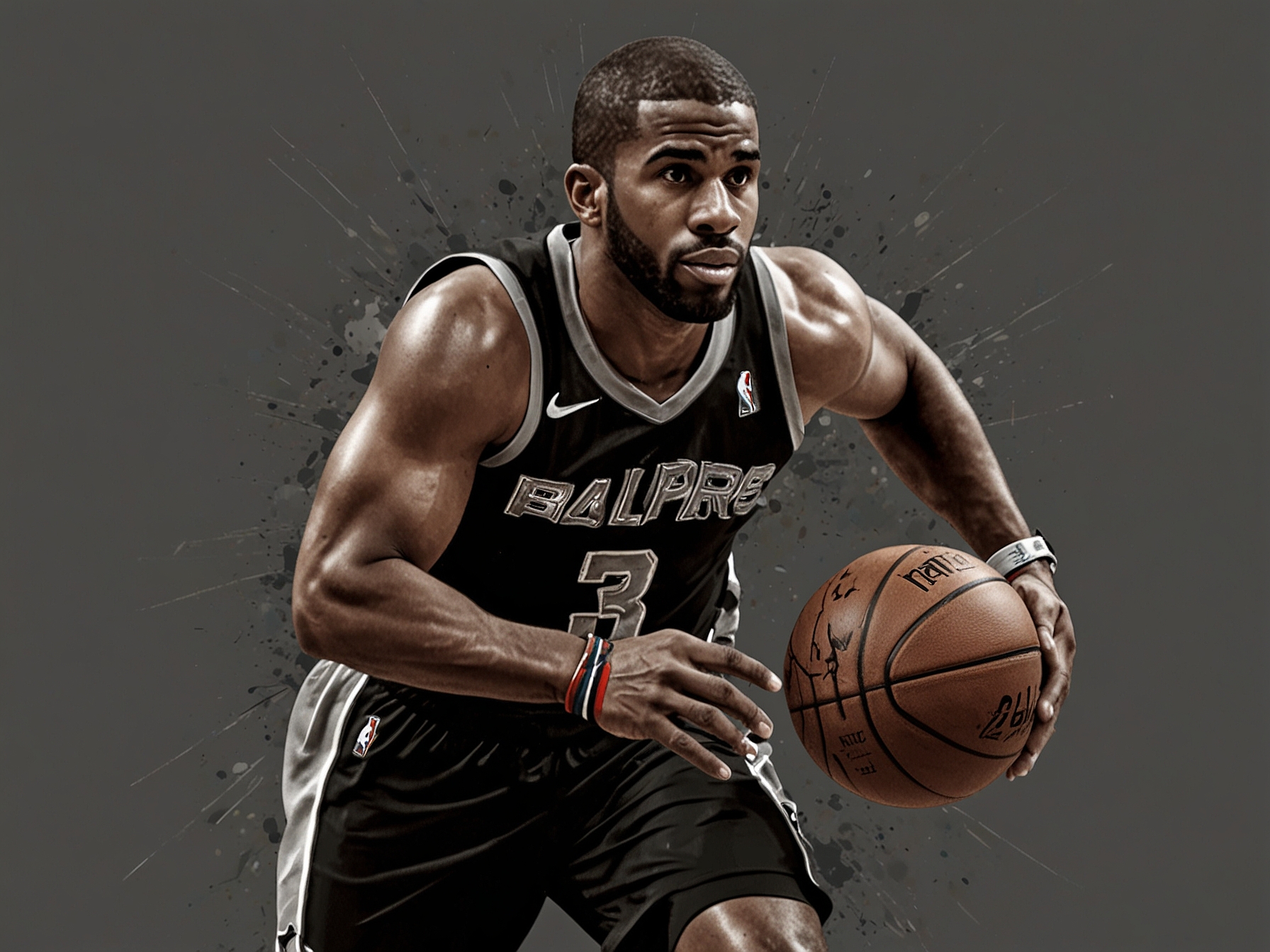 A close-up shot of Chris Paul in his Spurs jersey, looking focused and determined, symbolizing his drive to achieve greatness in the NBA.