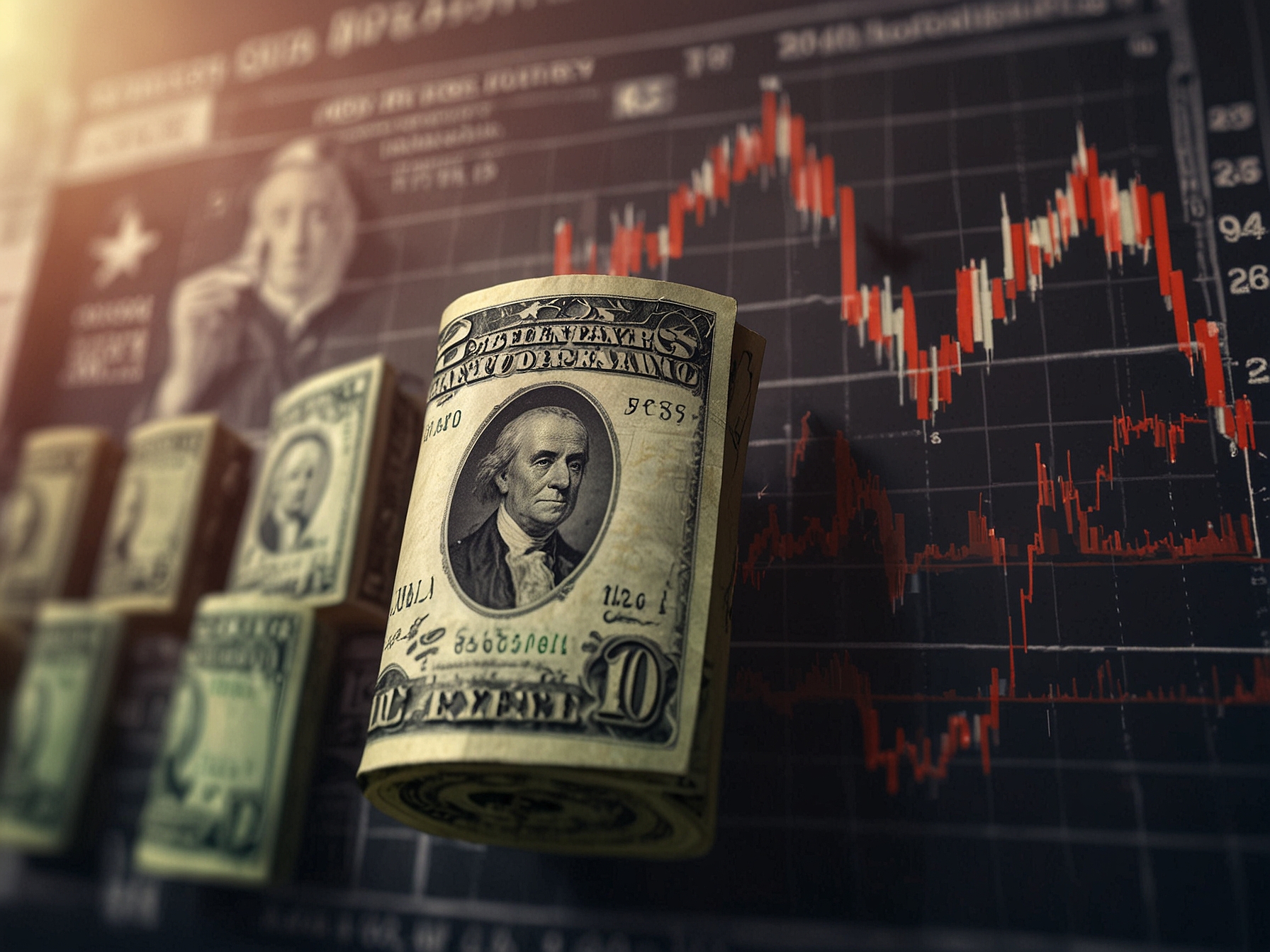A graphical representation of the Japanese Yen and US Dollar's performance over time, with arrows indicating upward and downward trends influenced by geopolitical factors and interest rate changes.