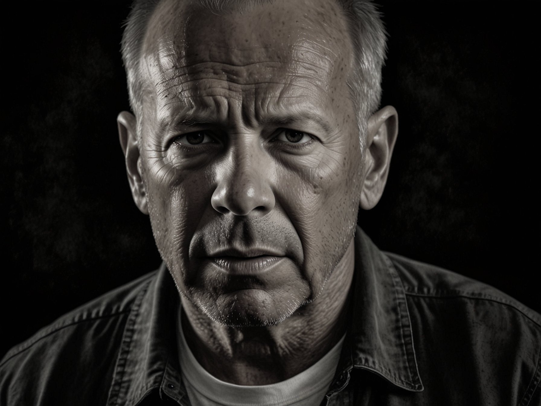 A thoughtful image of Bruce Willis, capturing his essence as an actor, with a somber tone representing the realities of dementia and its impact on life.