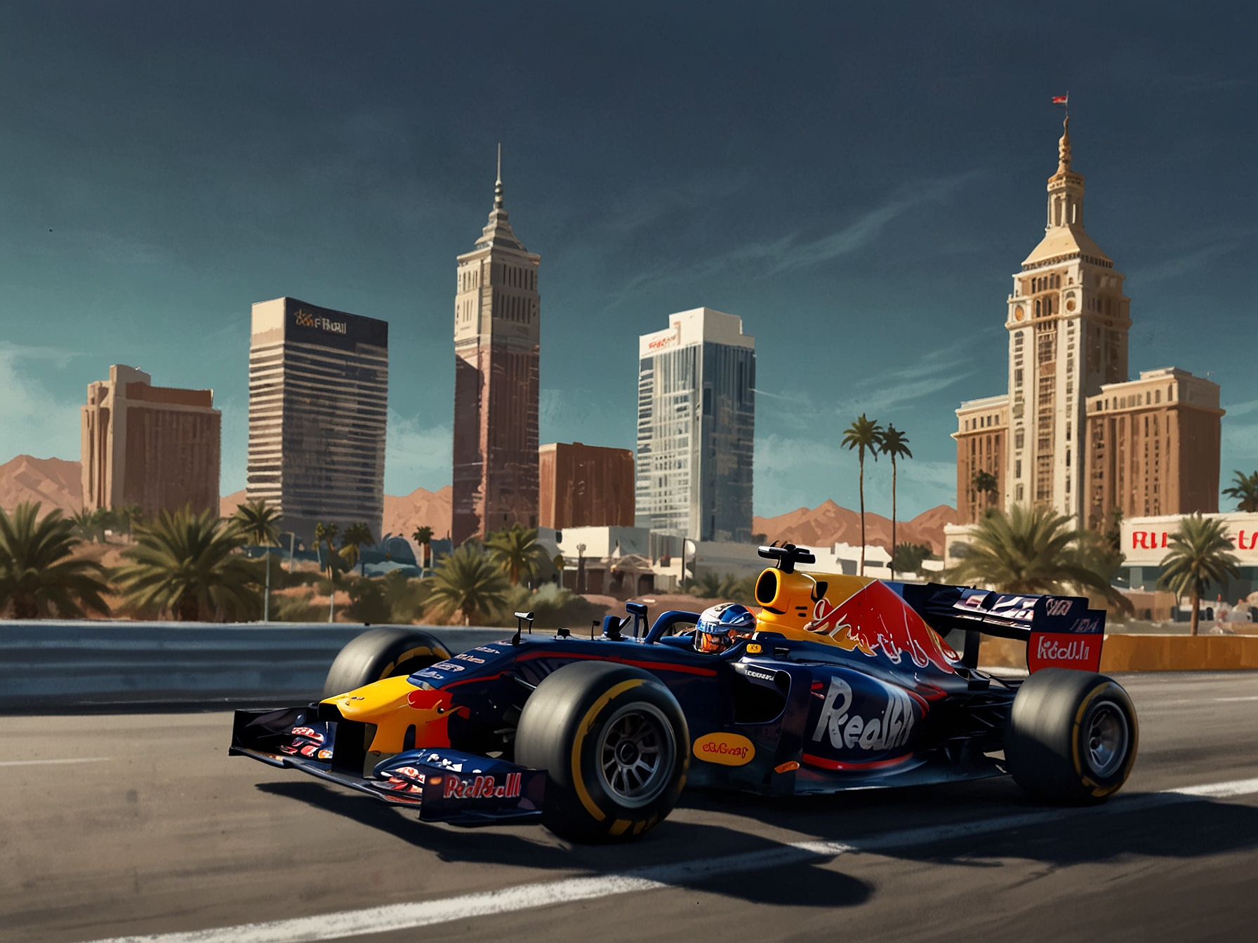 An image capturing Checo Pérez in his Red Bull car during a practice session in Las Vegas, showcasing the vibrant city backdrop and the excitement of Formula 1 racing.