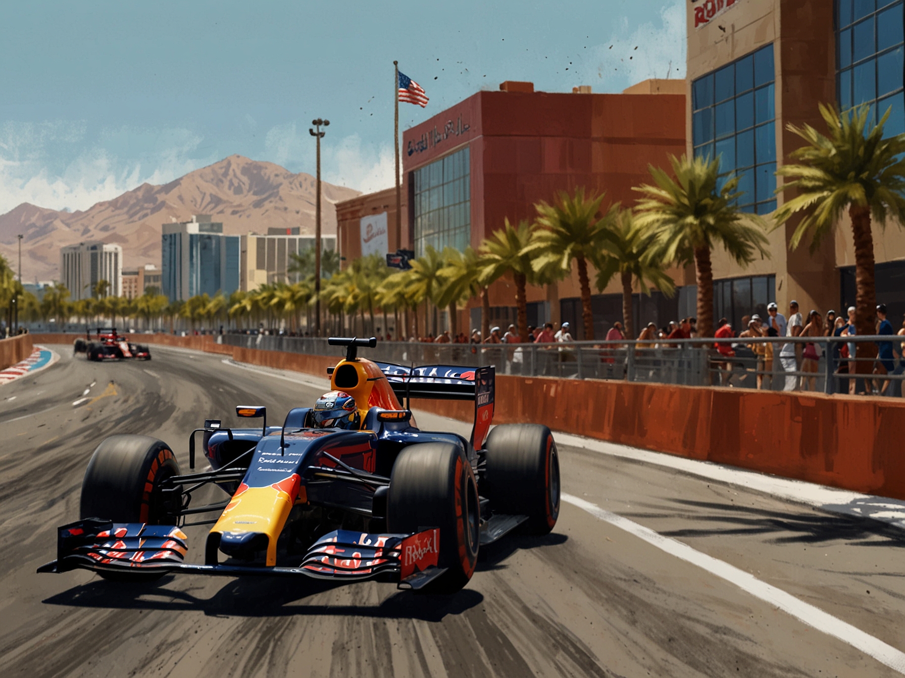 A dynamic shot of the Las Vegas Strip illuminated at night, symbolizing the thrilling atmosphere of Formula 1 racing amidst the challenges drivers face.