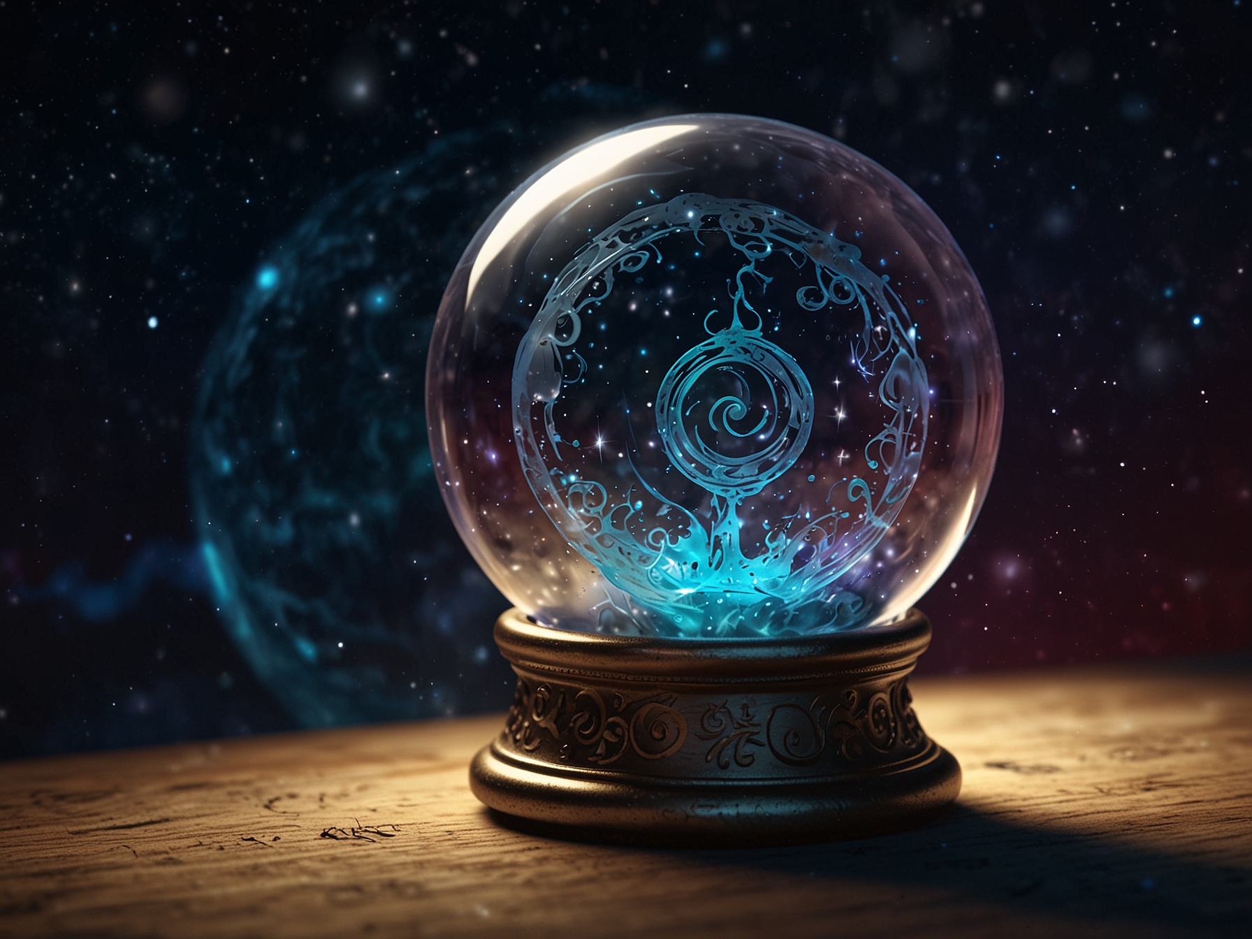 An artistic representation of a crystal ball with swirling cosmic elements, symbolizing Baba Vanga's clairvoyant predictions and the zodiac signs flourishing in 2025.