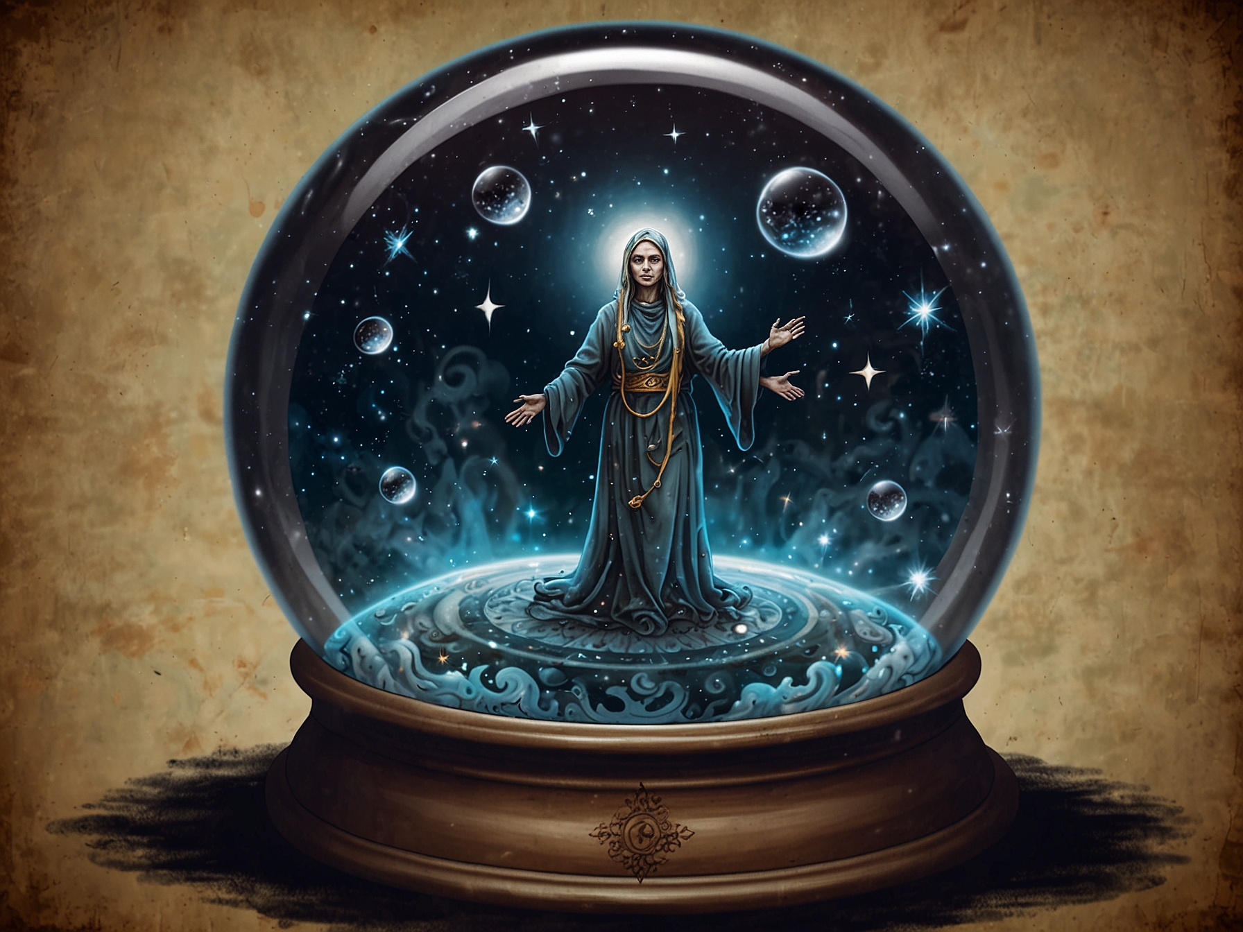 A mystical landscape featuring a wise figure resembling Baba Vanga, gazing into the future, with zodiac signs and elements of prosperity around her.