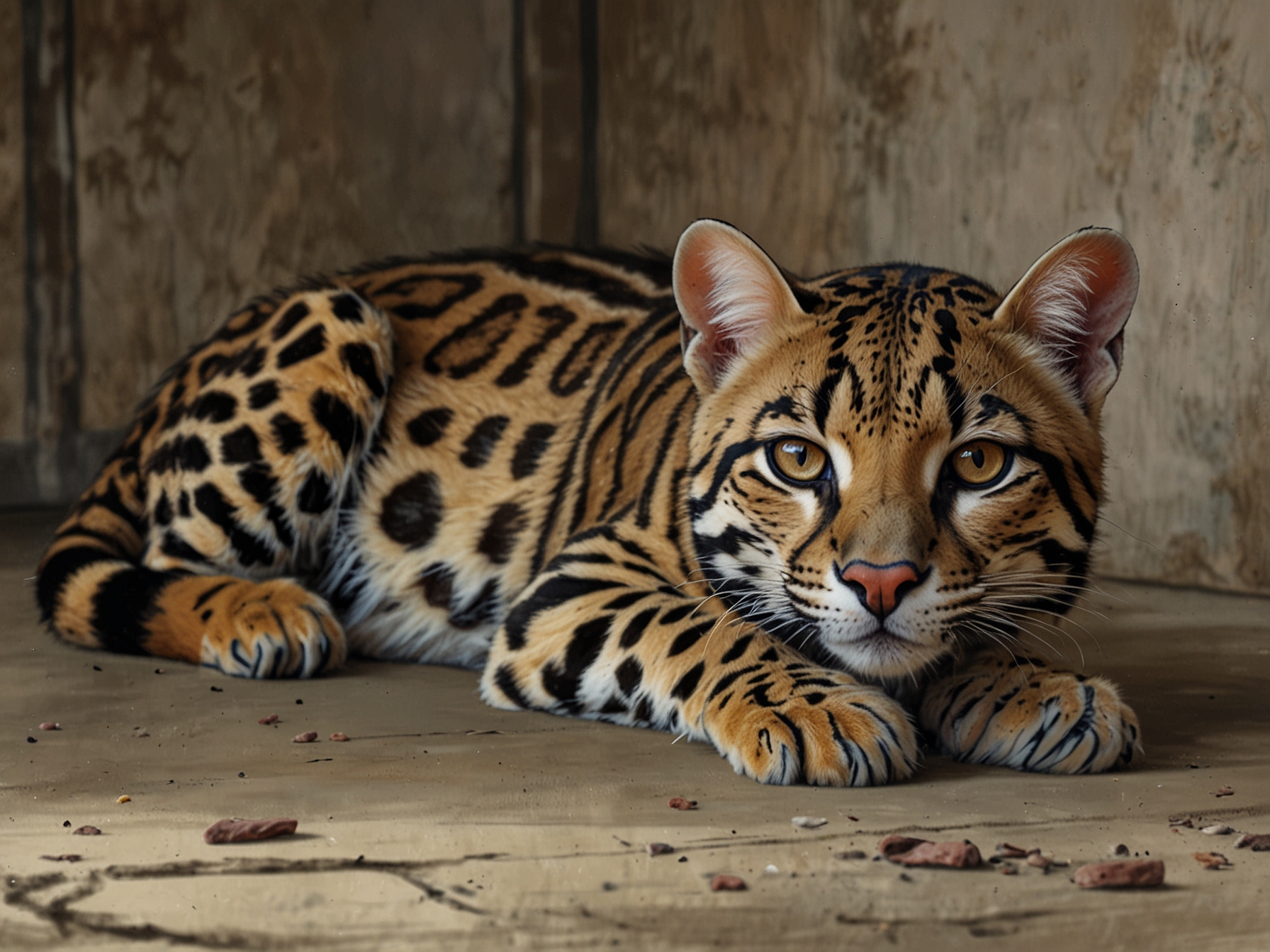 A weary and malnourished ocelot resting in a rehabilitation center, showing signs of recovery after being rescued from captivity. Its fur is matted, reflecting the stress it endured, while care staff assess its condition.