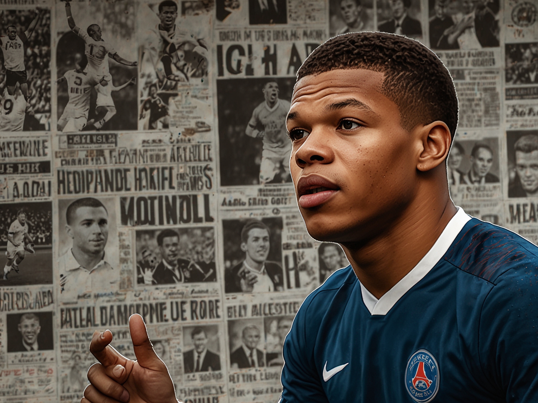 A montage showing Kylian Mbappé in his glory days scoring a goal juxtaposed with headlines about recent scandals and controversies surrounding him, emphasizing his fall from grace.