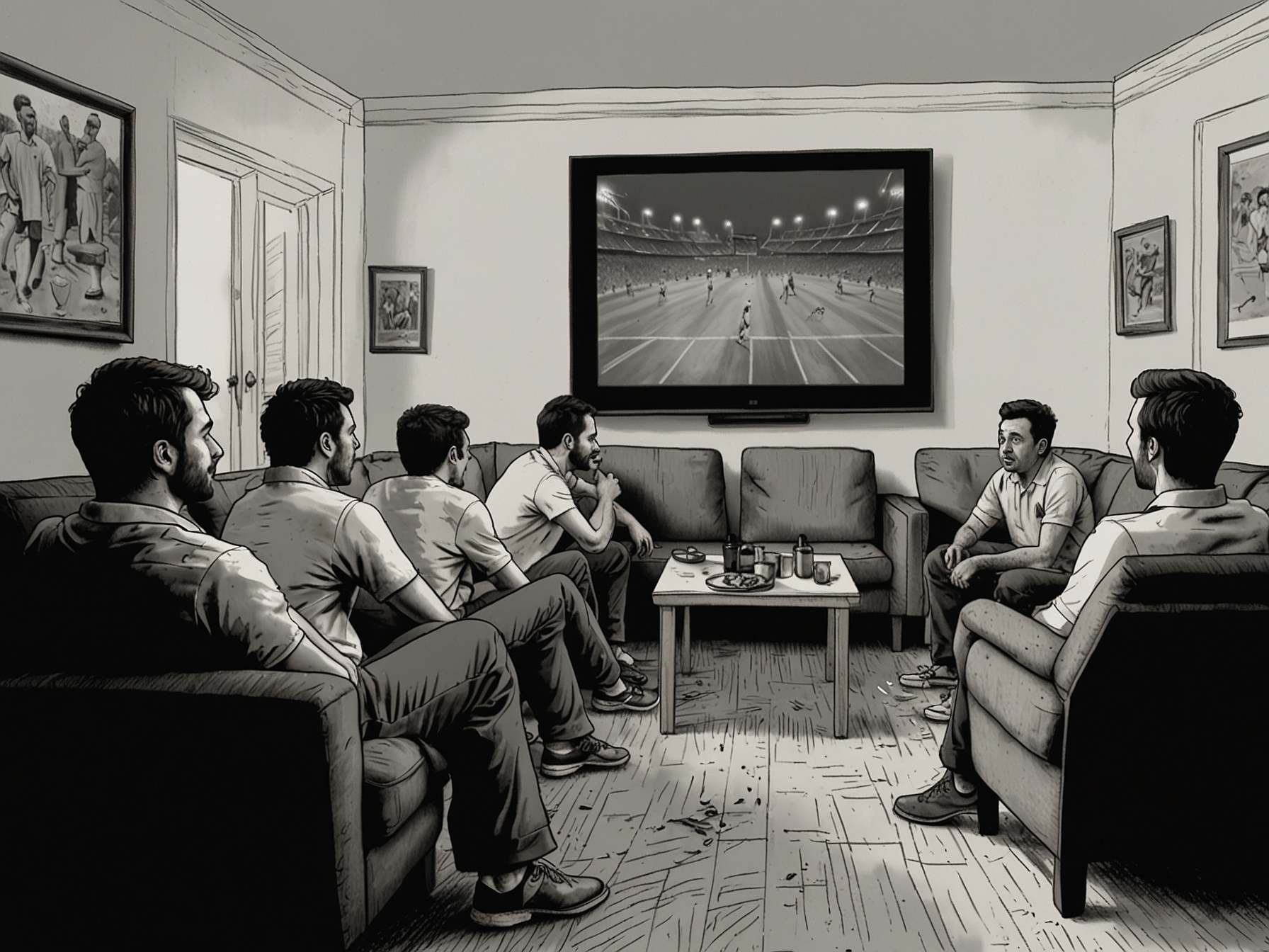 A group of frustrated cricket fans gathered around a TV, displaying disappointment as they watch the buffering screen during a live match, with snacks and drinks scattered around, showcasing their shared frustration.