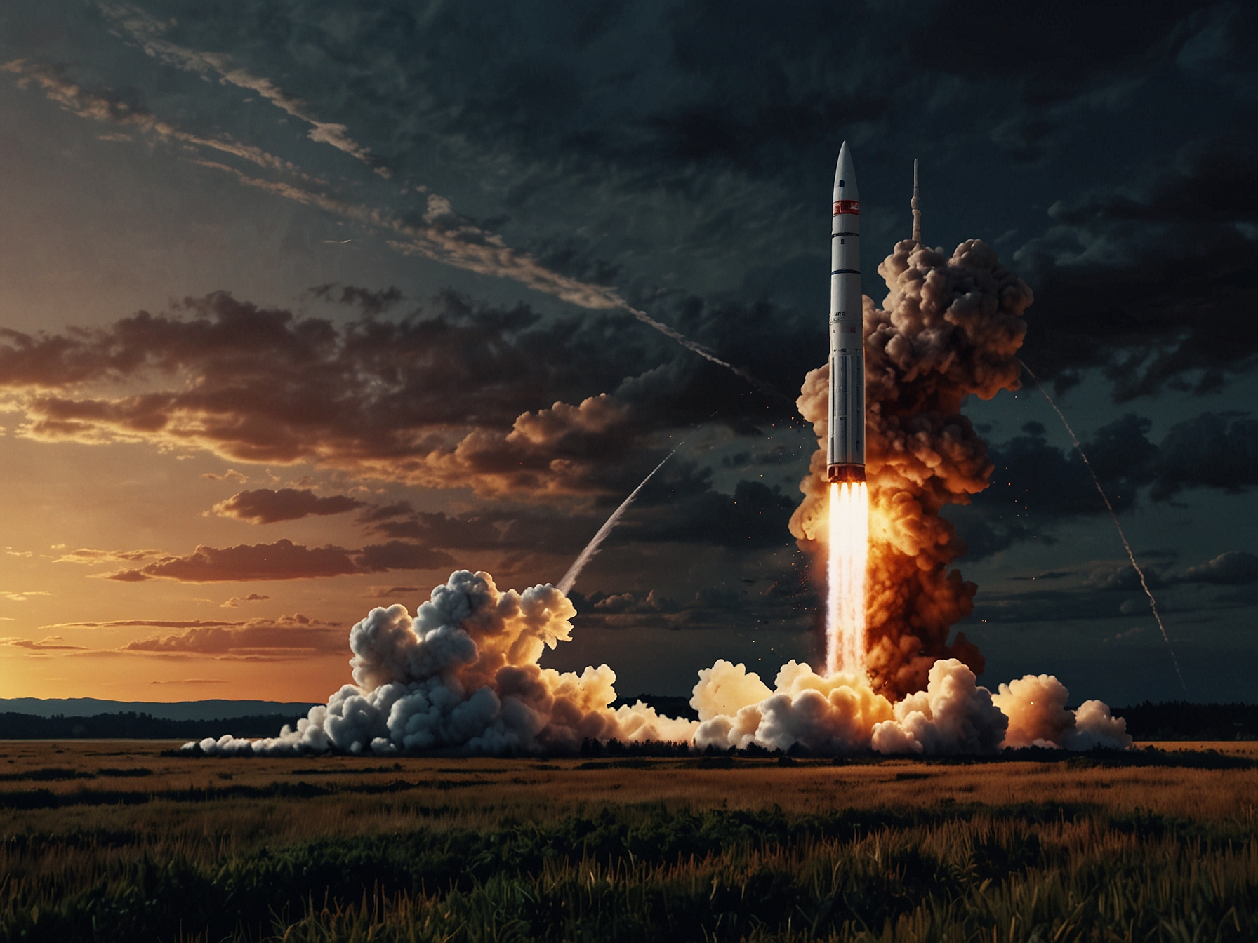 A powerful ICBM missile launching towards the sky, symbolizing Russia's unprecedented military action against Ukraine, with explosive clouds and fiery trails in the background.
