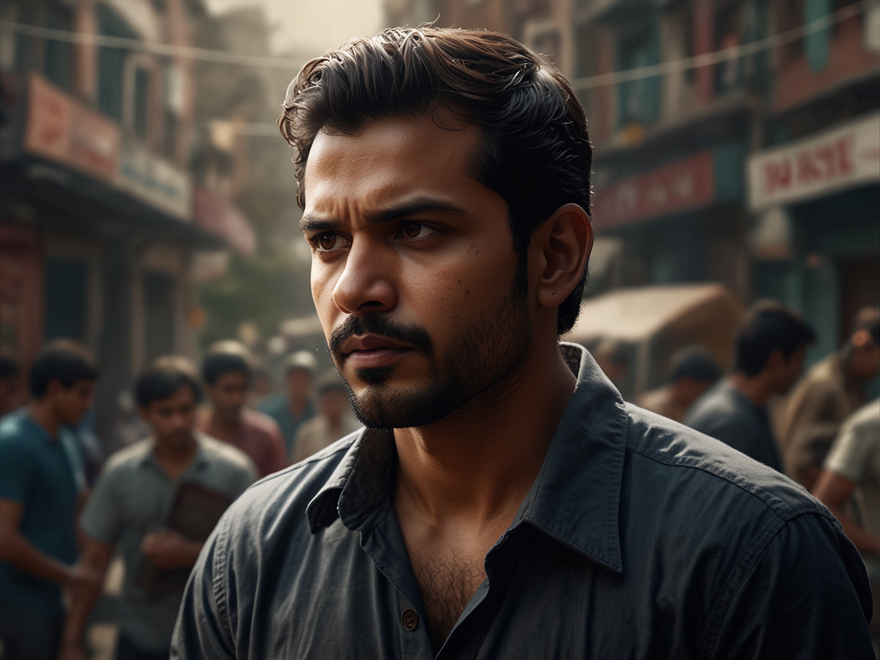 A tense moment featuring Vikrant, with a look of determination on his face, as he contemplates his choices amidst a backdrop of chaos in a small-town setting.
