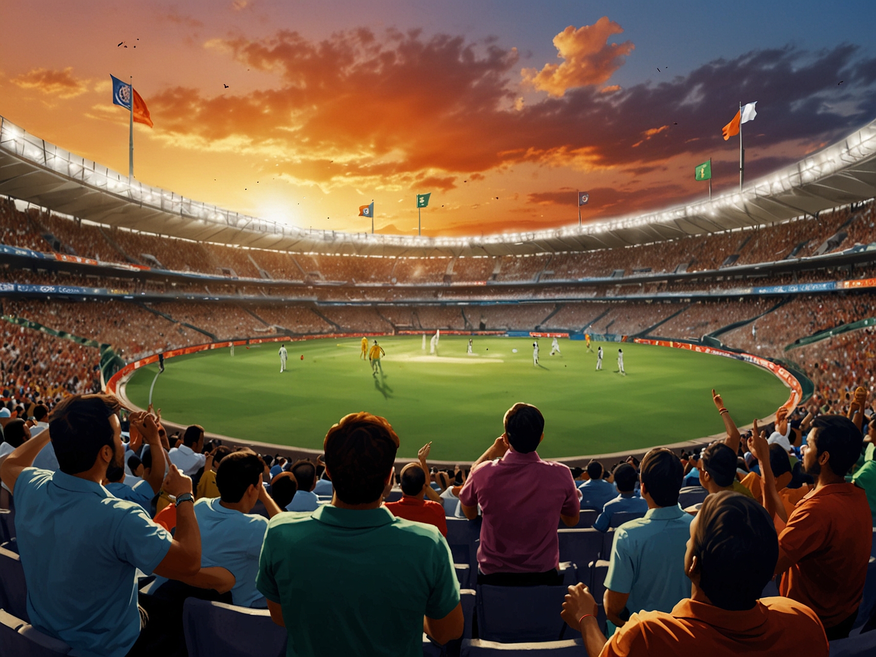 A vibrant stadium filled with passionate cricket fans, flags waving, as teams compete during an IPL match, capturing the thrilling atmosphere of the Indian Premier League.